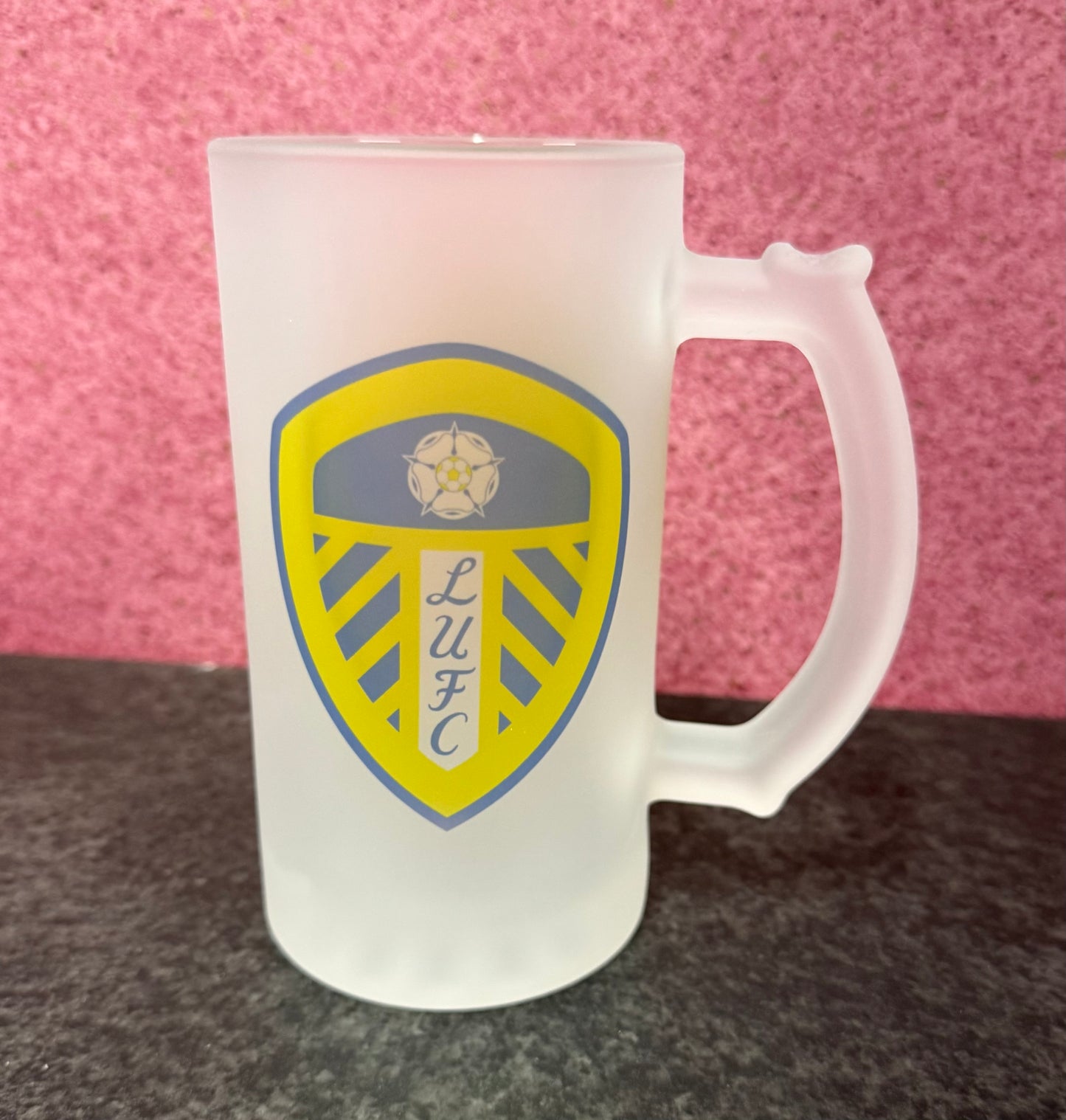 Leeds United Frosted Glass Stein, 16oz Glass, 450ml, Cold Use, Perfect Gift, Personalised