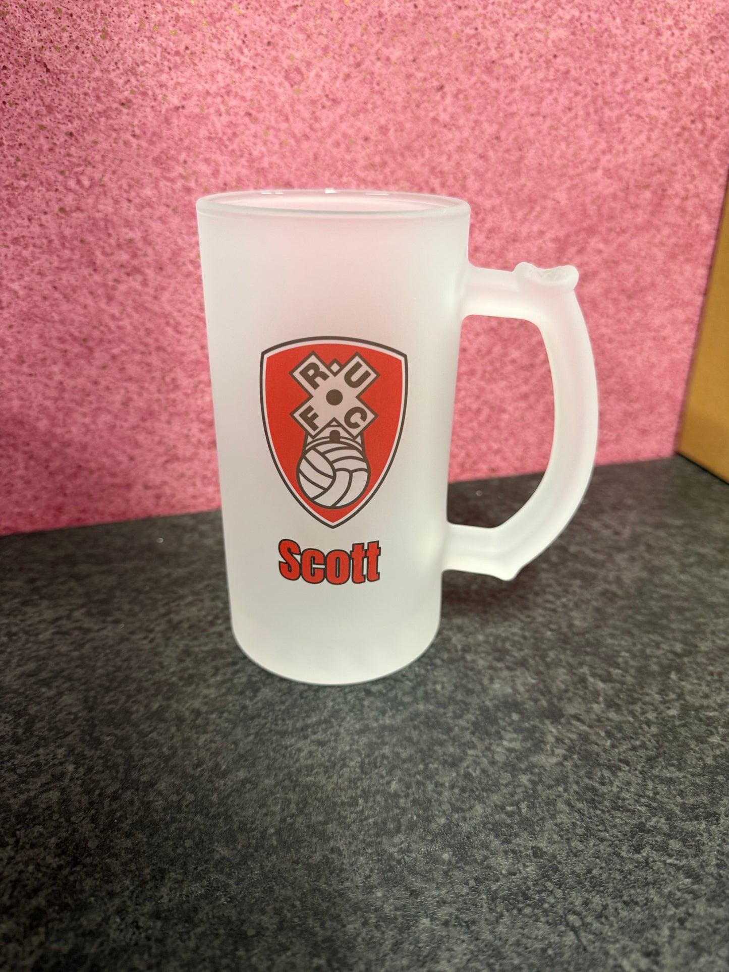 Rotherham United Frosted Glass Stein, 16oz Glass, 450ml, Cold Use, Perfect Gift, Personalised