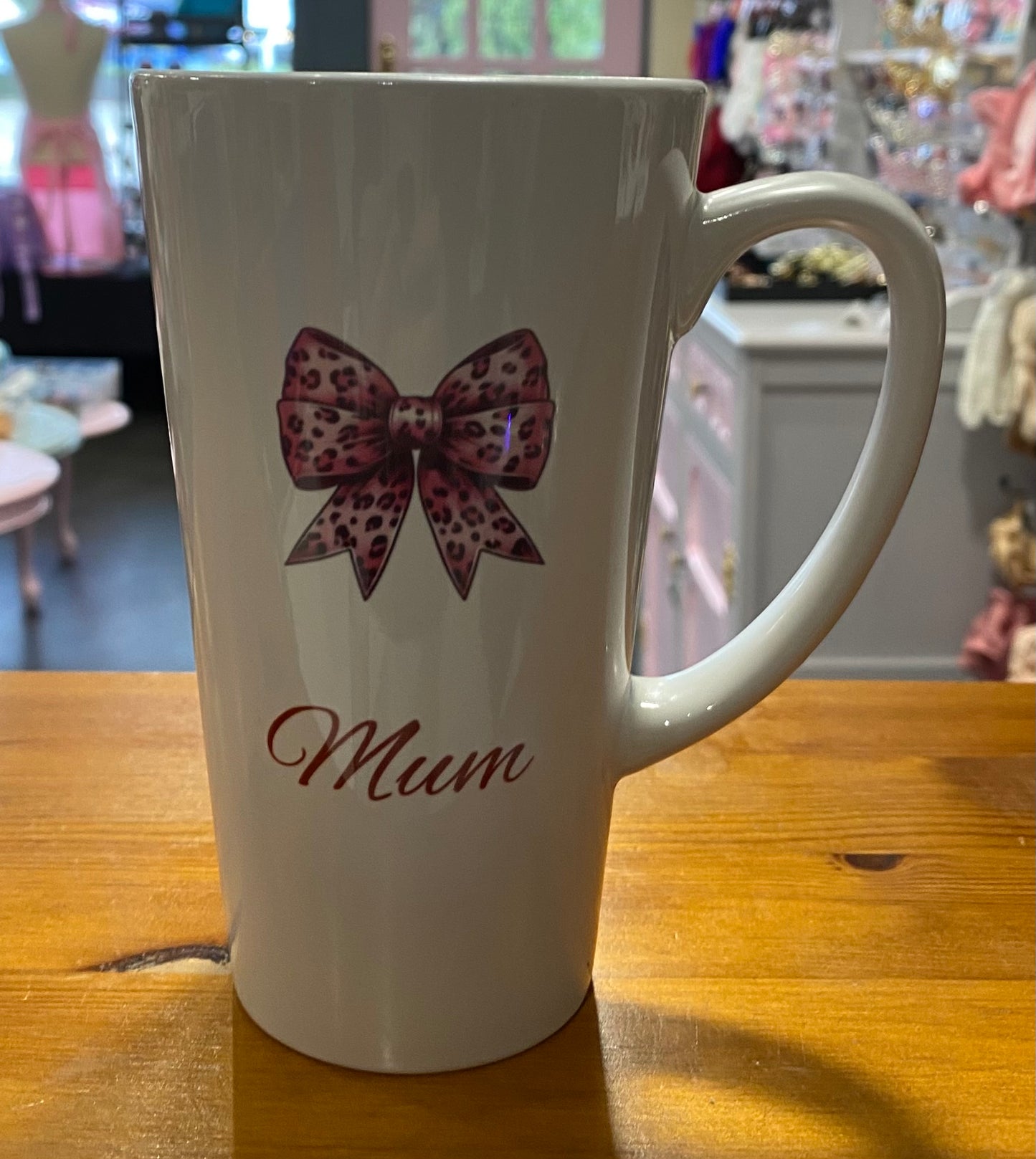 Pink Leoprd Print Bow, Mum, Latte, 17oz, Large, Ceramic Mug, Personalised