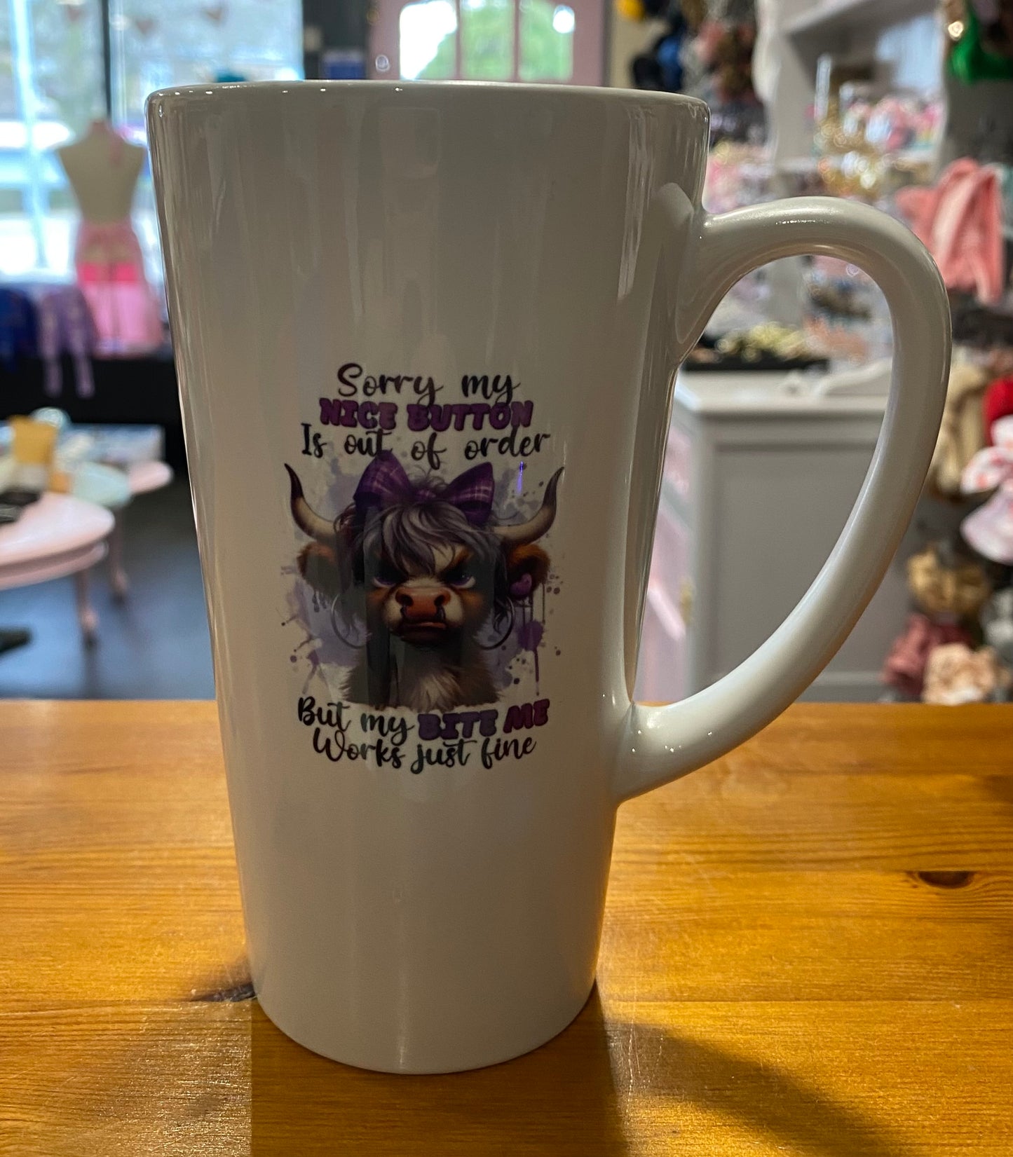 Nice Button, Highland Cow, Latte, 17oz, Large, Ceramic Mug, Personalised