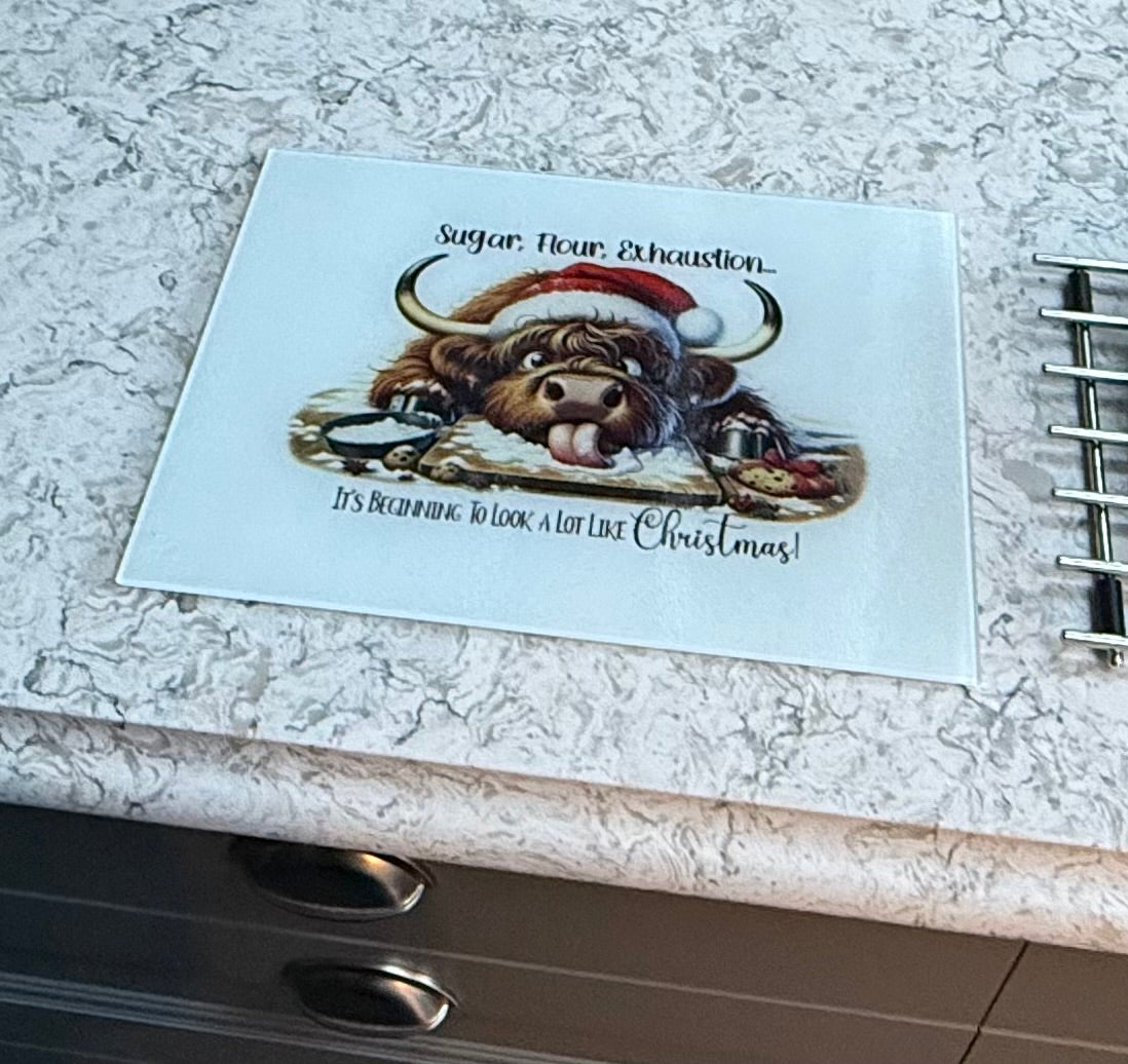 Large Glass Christmas Chopping Board, Highland Cow, Sublimation, Worktop Saver