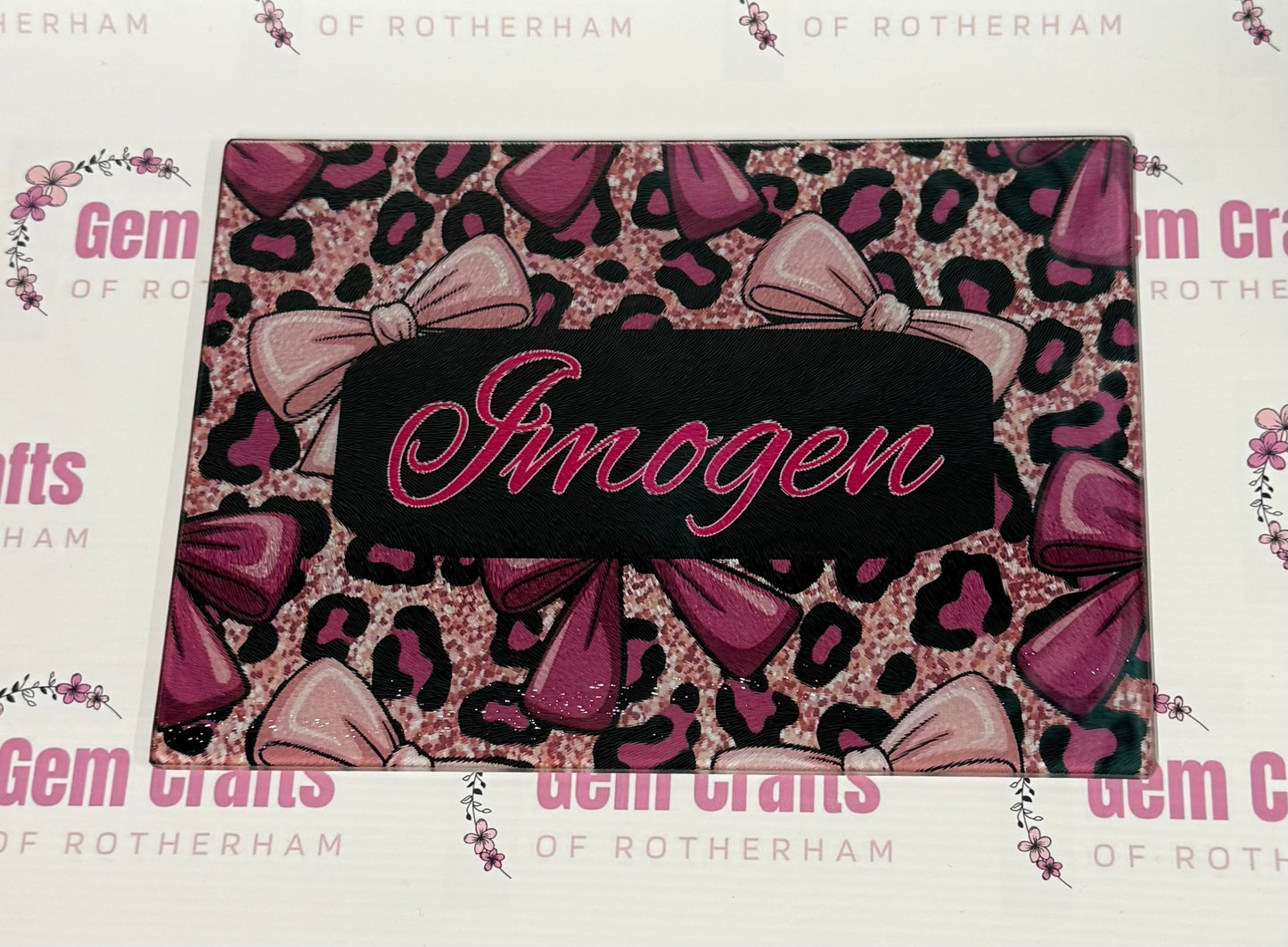 Personalised Glass Beauty Board, Makeup, Straightener, Curling tong rest , Worktop Saver, Pink Ribbons
