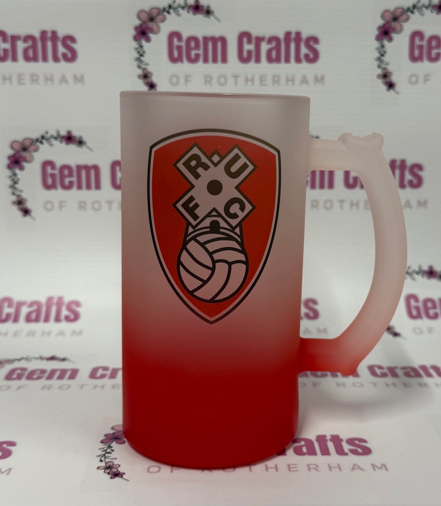 Rotherham, Red Frosted Glass Stein, 16oz Glass, 450ml, Cold Use, Perfect Gift, Personalised