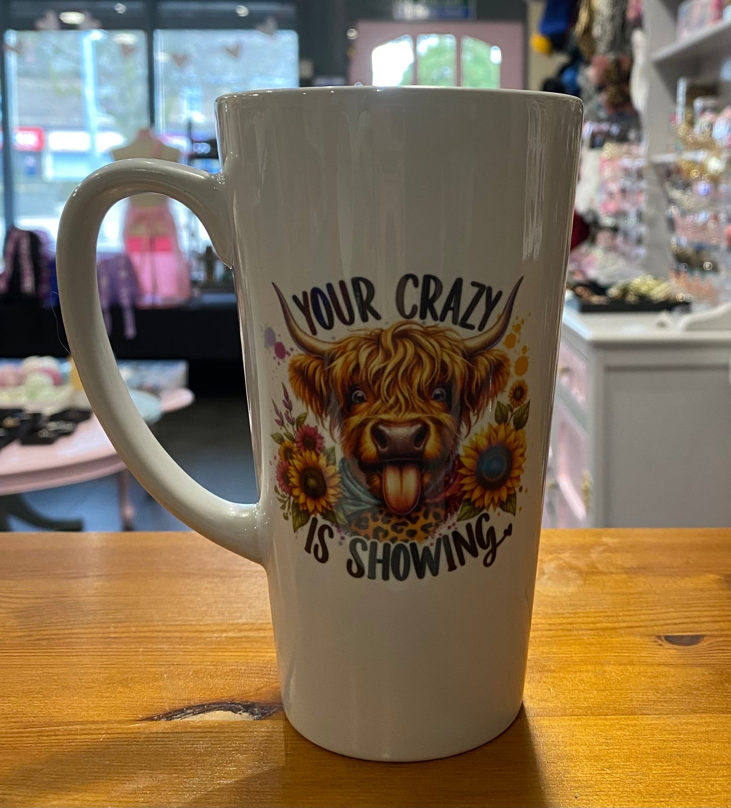 Your crazy is showing, Highland cow, Latte, 17oz, Large, Ceramic Mug, Personalised
