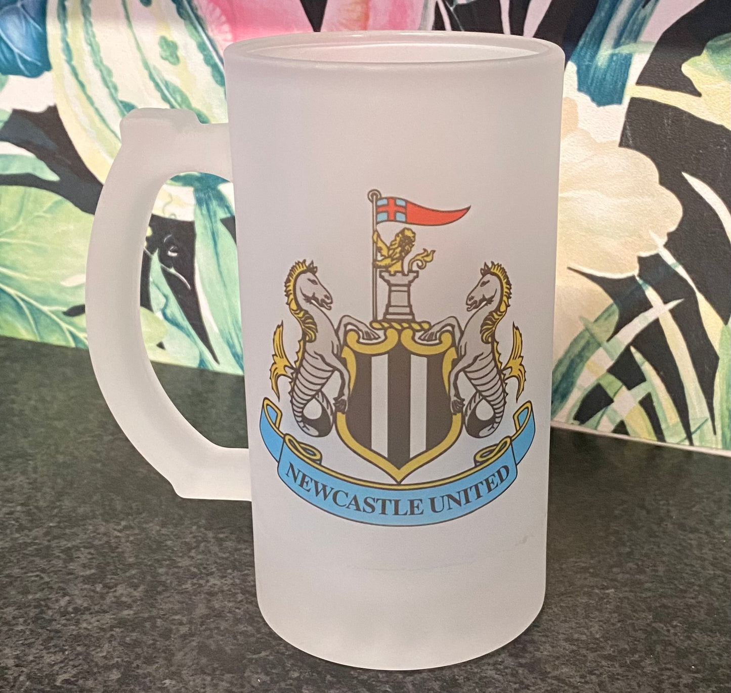 Newcastle United Frosted Glass Stein, 16oz Glass, 450ml, Cold Use, Perfect Gift, Personalised