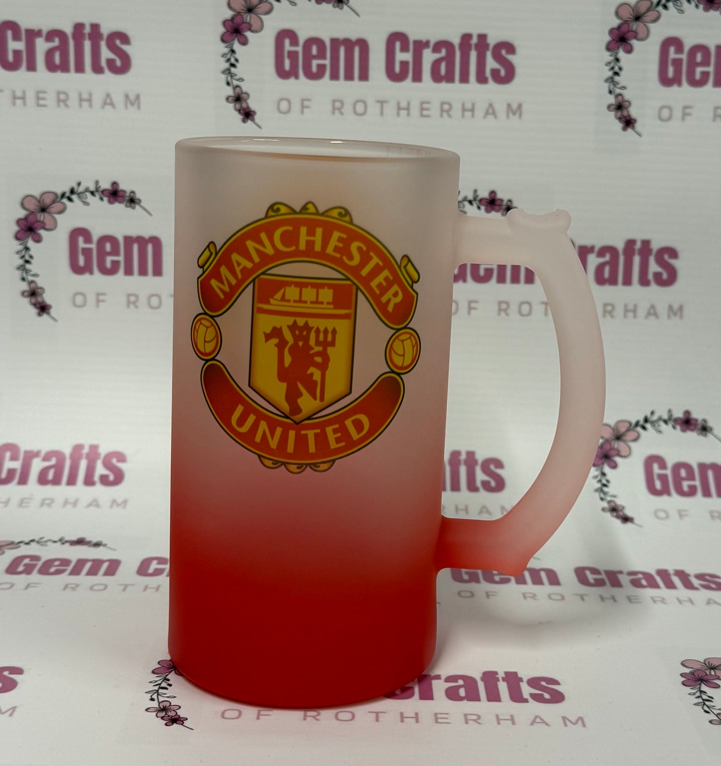 Manchester United, Red Frosted Glass Stein, 16oz Glass, 450ml, Cold Use, Perfect Gift, Personalised