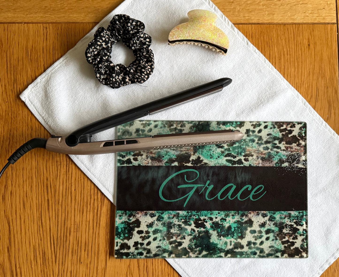 Personalised Glass Beauty Board, Makeup, Straightener, Curling tong rest, Worktop Saver, Turquoise Cow