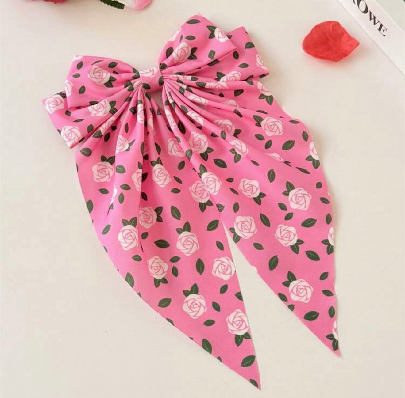 Large Pink Rose Print Bow, Hair, Bow, Barrette Clip