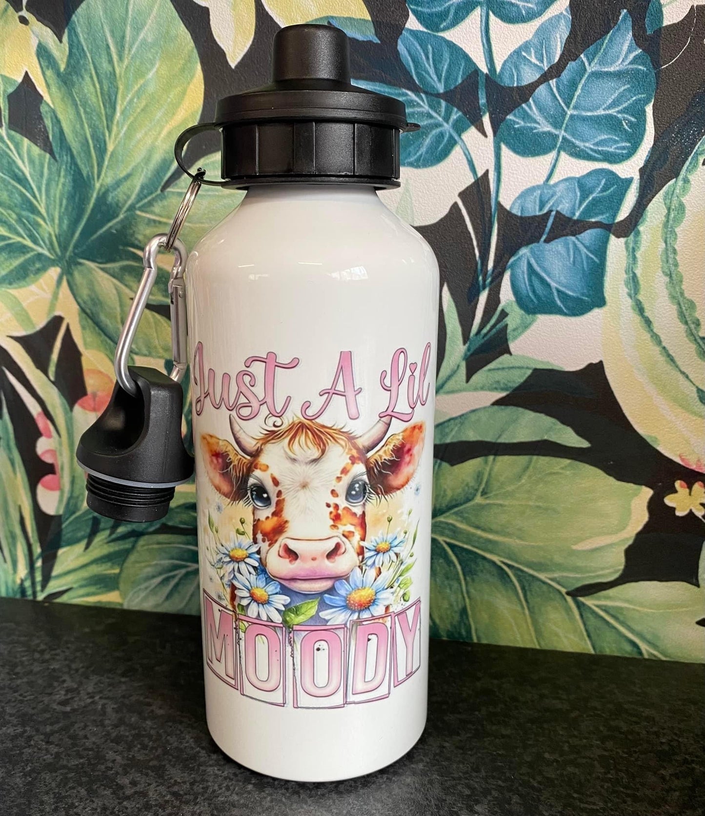 Just a Little Moody, Water Bottle, Cow, Pink