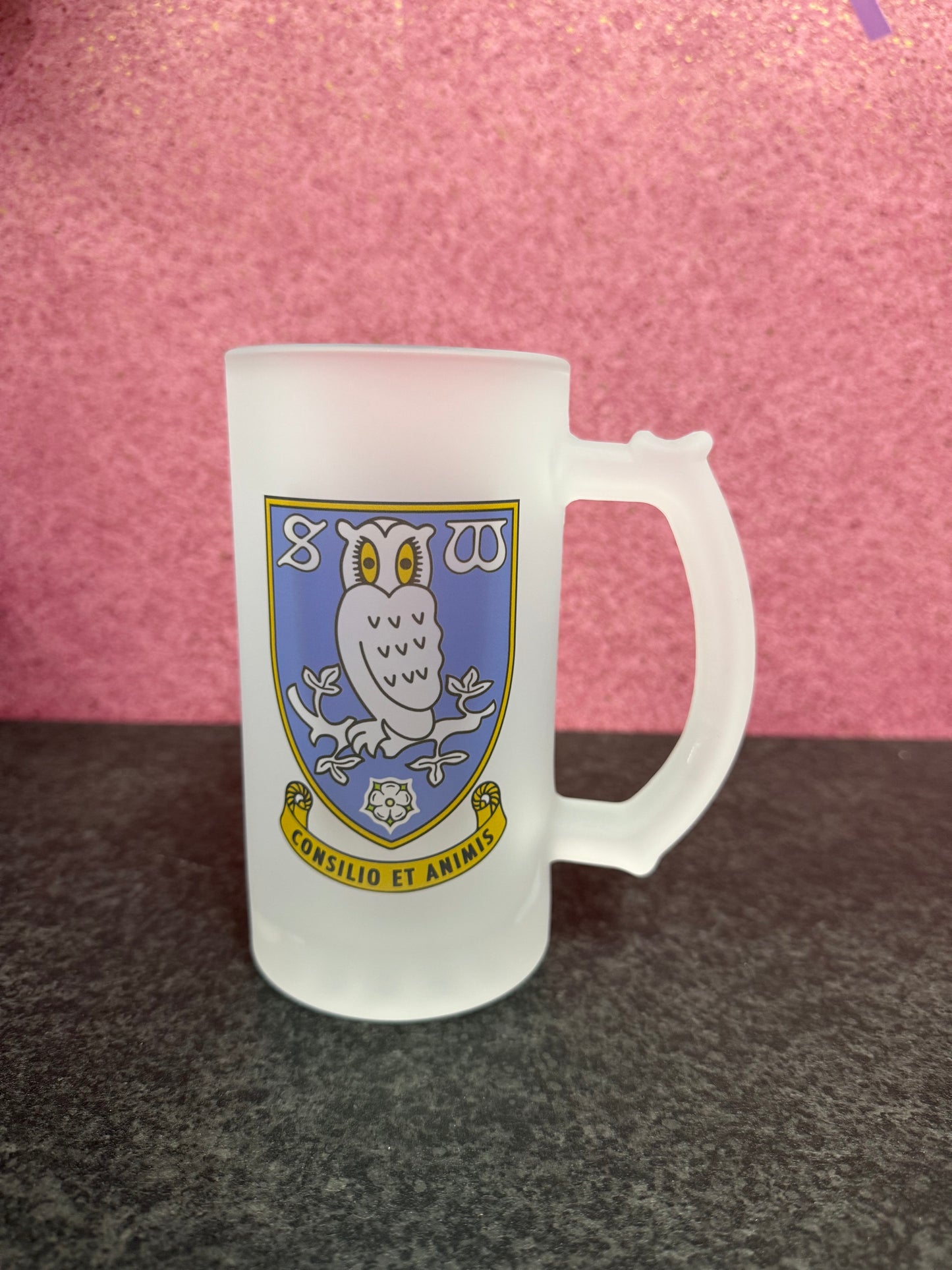 Sheffield Wednesday Frosted Glass Stein, 16oz Glass, 450ml, Cold Use, Perfect Gift, Personalised