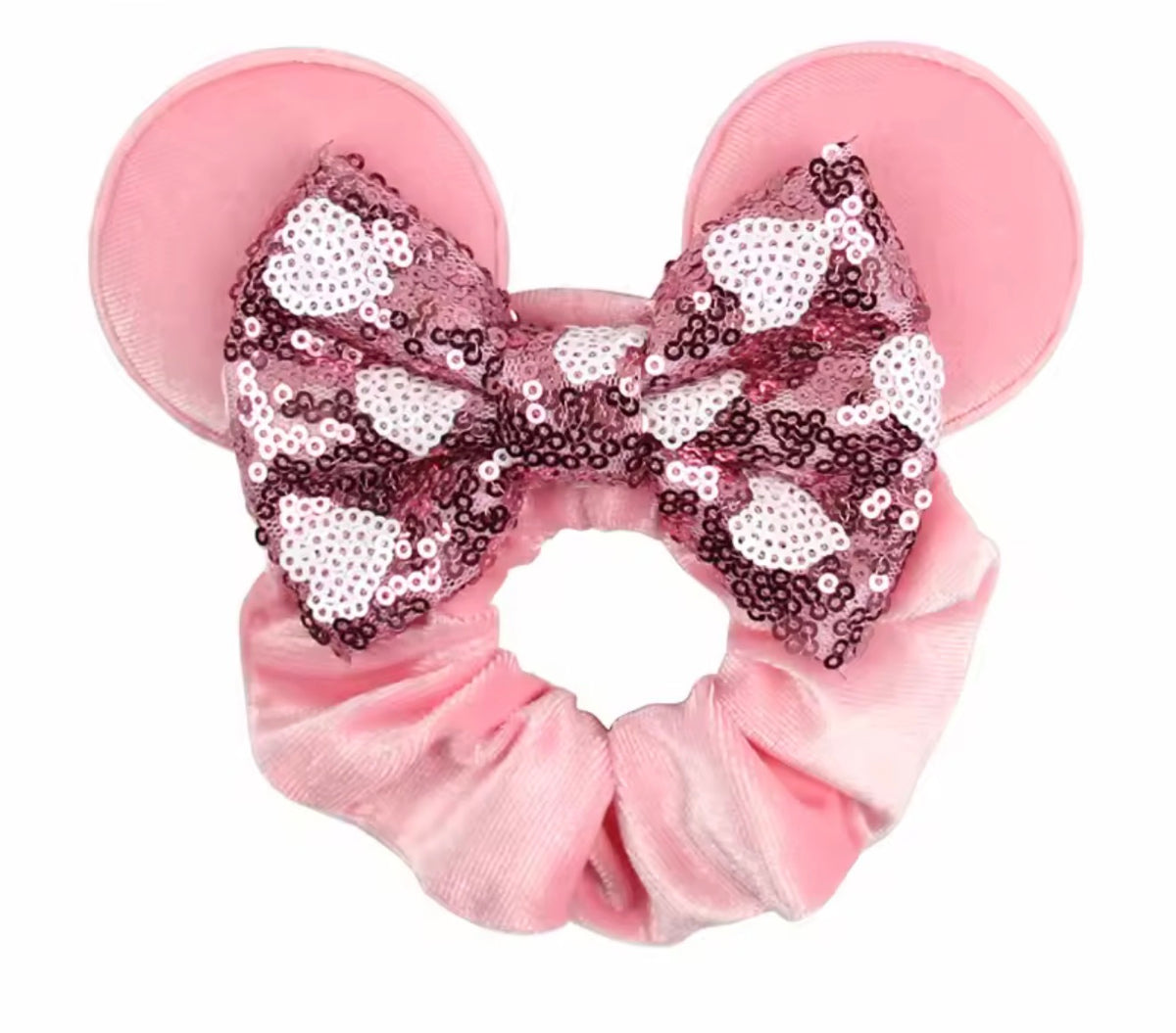 Mouse Ear Velvet Scrunchie, Pink Sparkly Bow, Princess