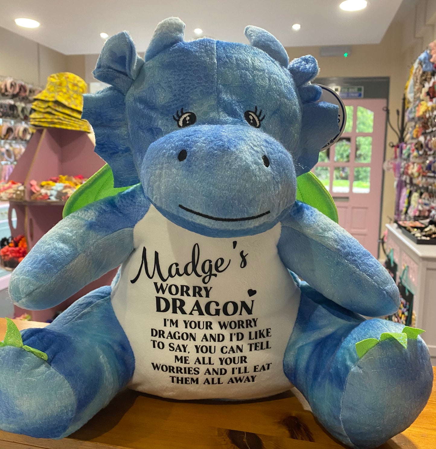 Blue Worry Dragon, Mumbles Bear, Personalised Soft Toy