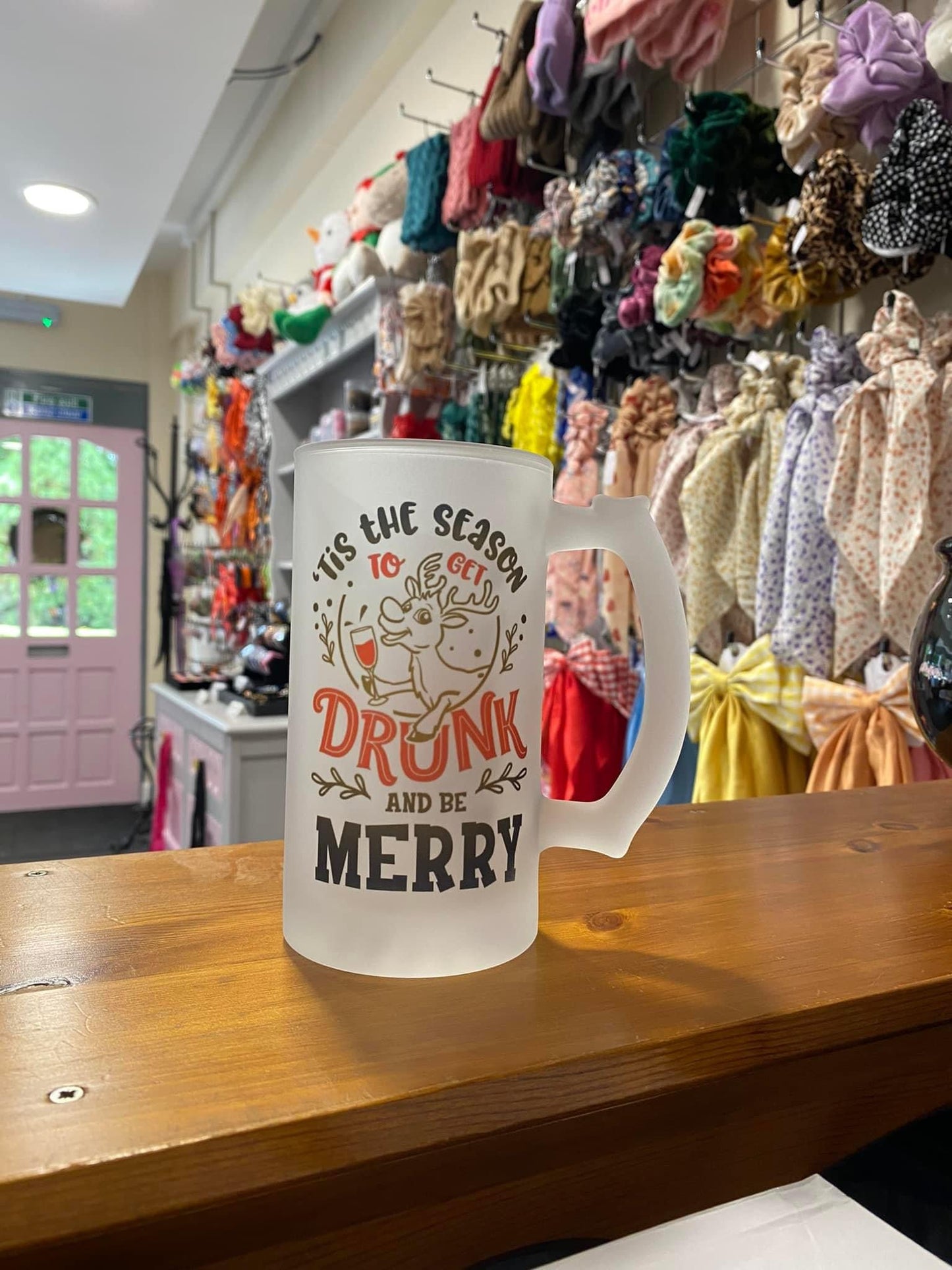 Christmas Reindeer Frosted Glass Stein, 16oz Glass, 450ml, Cold Use, Perfect Gift, Beer, Personalised