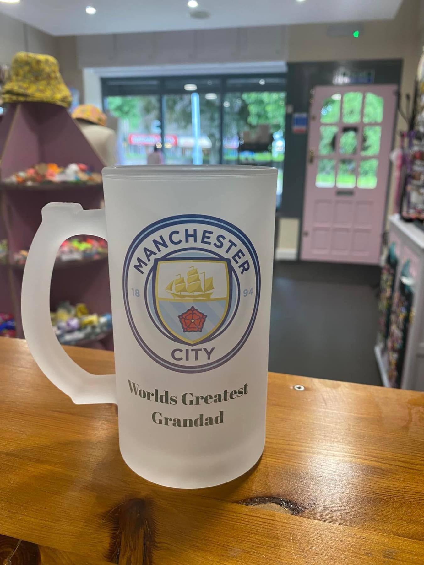 Manchester City Frosted Glass Stein, 16oz Glass, 450ml, Cold Use, Perfect Gift, Personalised