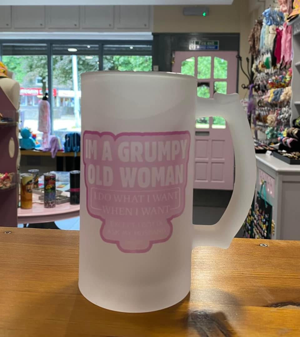 Grumpy Old Woman Frosted Glass Stein, 16oz Glass, 450ml, Cold Use, Perfect Gift, Personalised