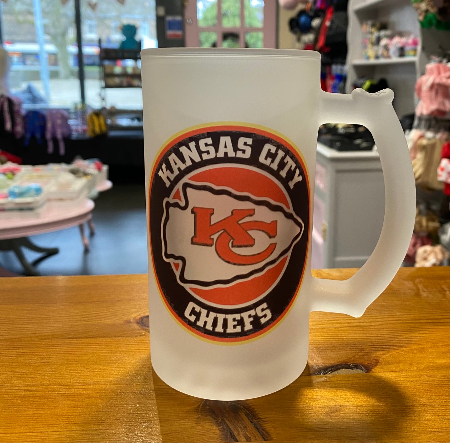 Kansas City Chiefs, Frosted Glass Stein, 16oz Glass, 450ml, Cold Use, Perfect Gift, Personalised