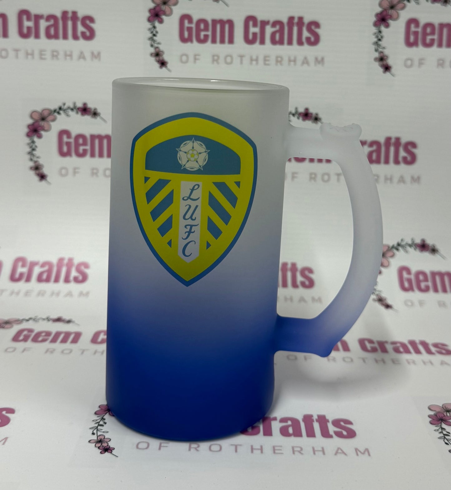 Leeds United, Blue Frosted Glass Stein, 16oz Glass, 450ml, Cold Use, Perfect Gift, Personalised