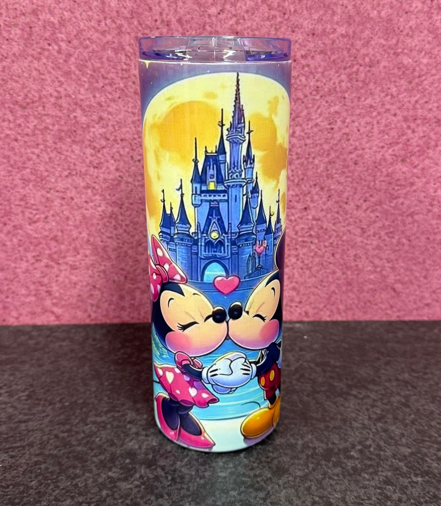 Minnie & Mickey Kissing, Castle, 20oz Tumbler, Insulated, Stainless Steel, Hot & Cold use, Personalised