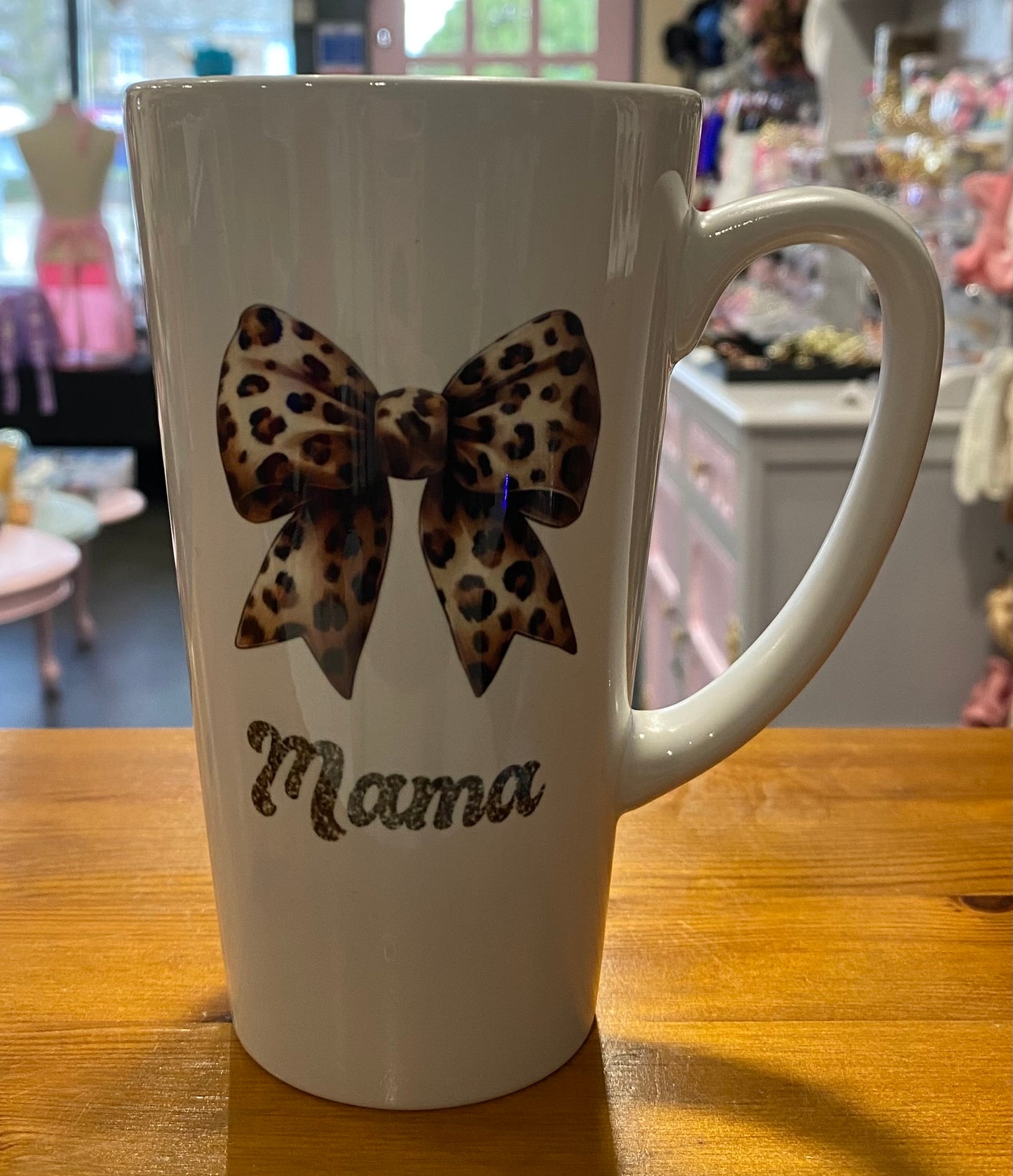Leopard Print Bow, Mama, Latte, 17oz, Large, Ceramic Mug, Personalised