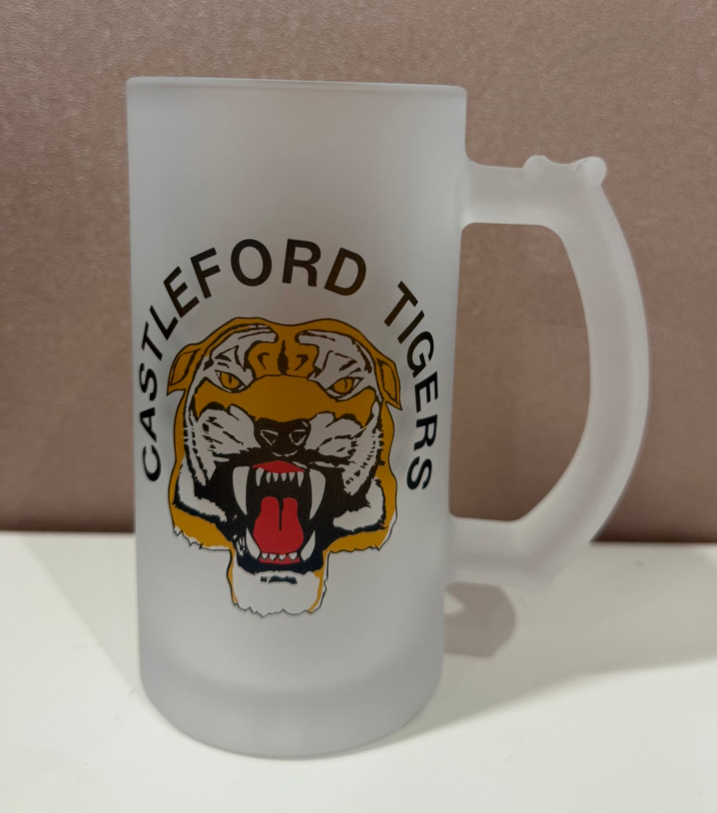 Castleford Tigers Frosted Glass Stein, 16oz Glass, 450ml, Cold Use, Perfect Gift, Personalised