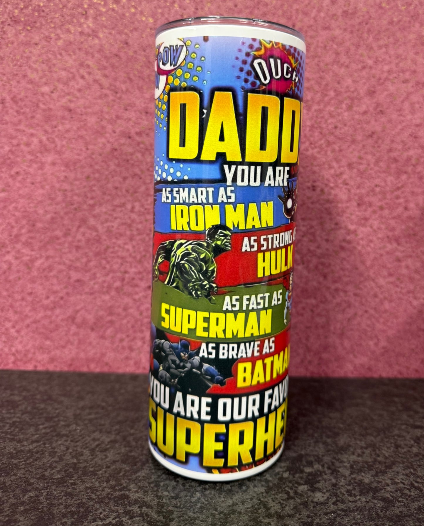 Daddy, Super Hero, 20oz Tumbler, Insulated, Stainless Steel, Hot & Cold use, Personalised
