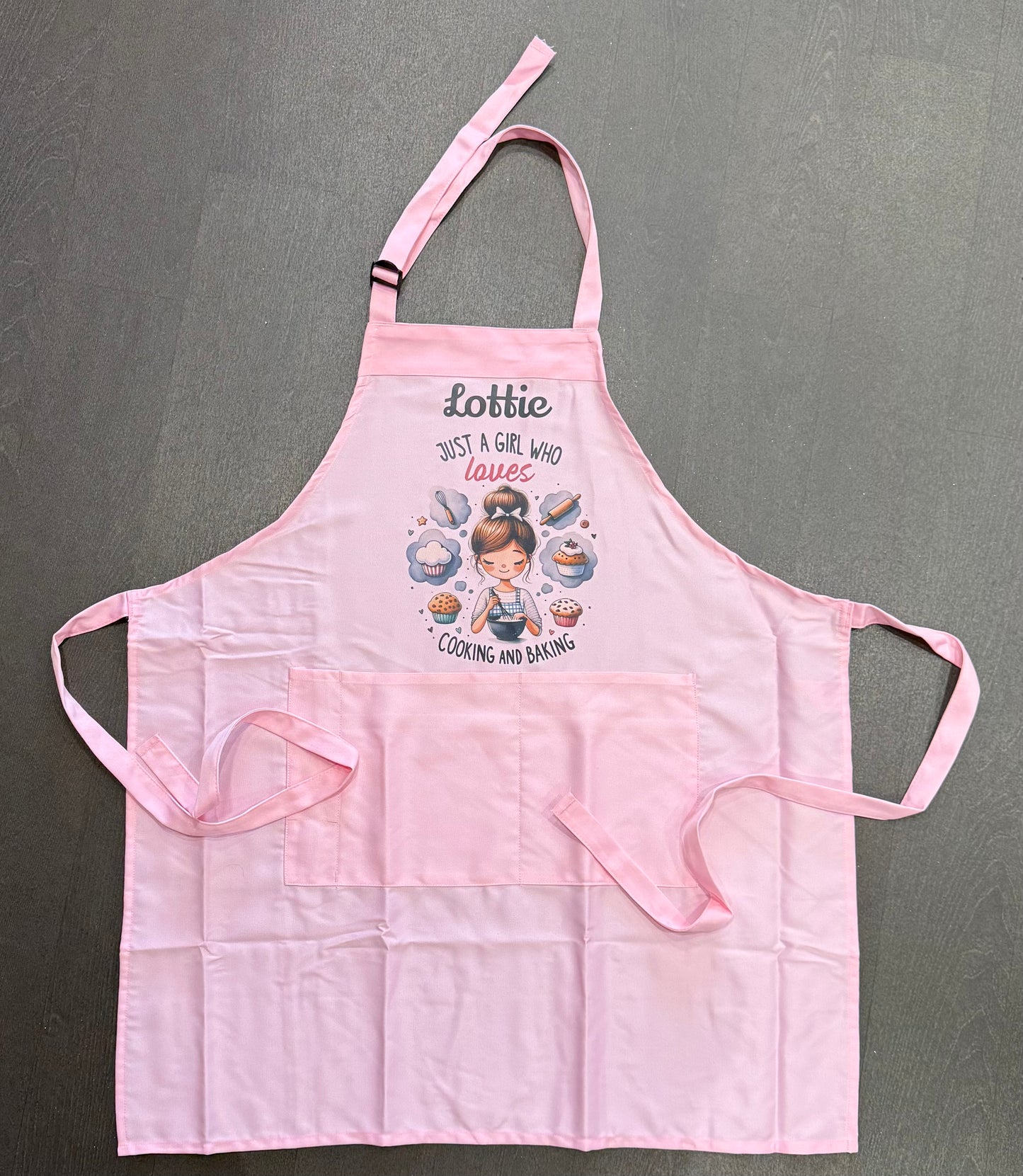 Just a Girl who loves Cooking & Baking Adult Apron, Pink, White or Beige Pinny, Cooking, Baking, Personalised, Unisex, Mens, Women’s