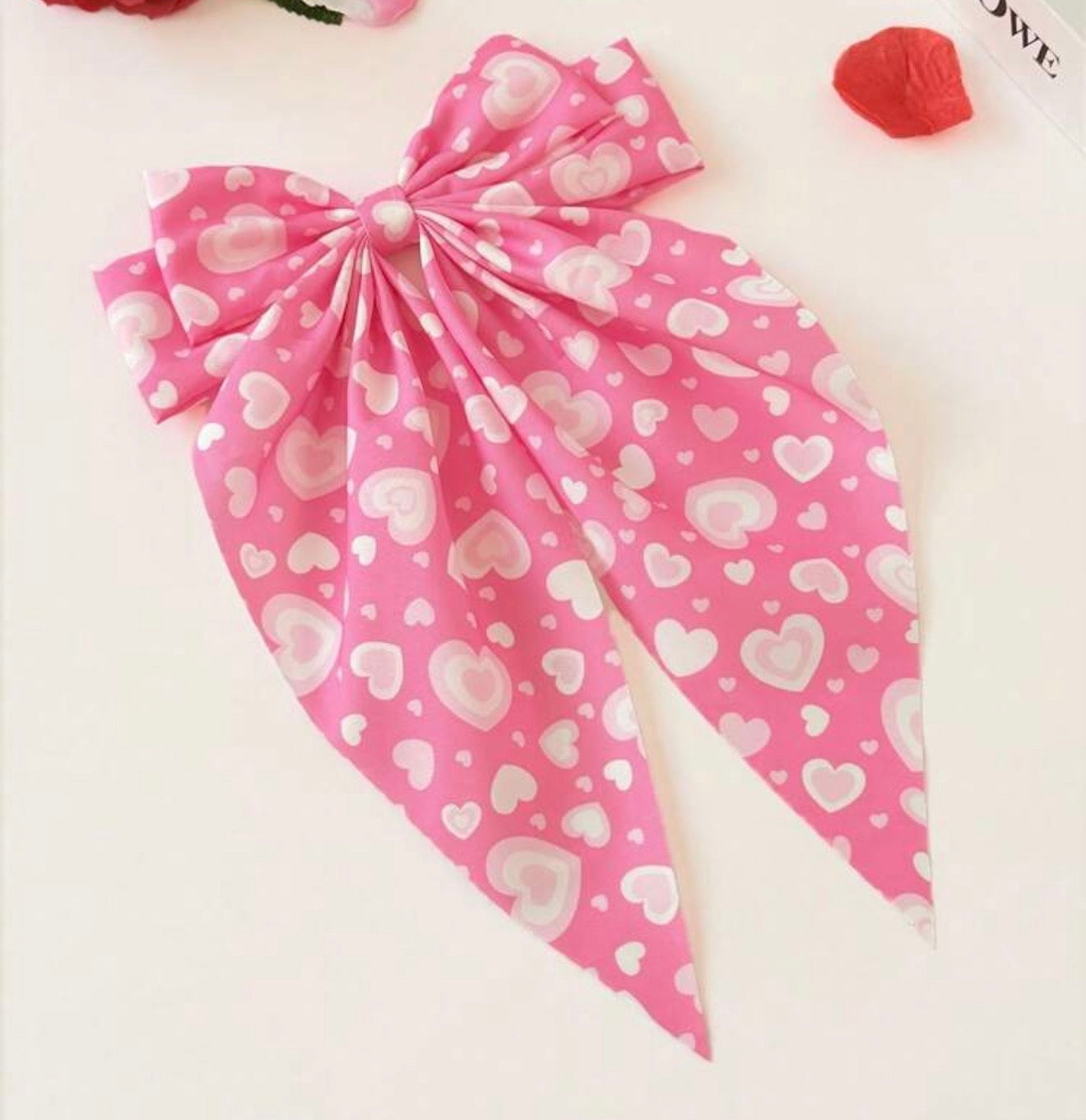 Large Pink Heart Print Bow, Hair, Bow, Barrette Clip