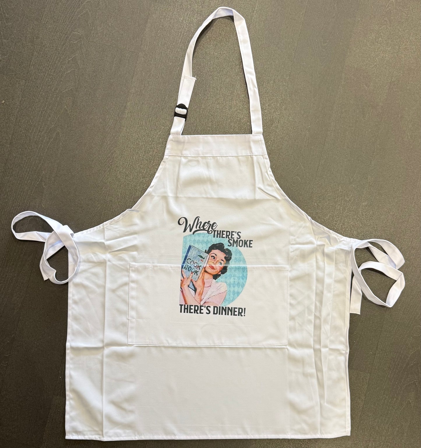 Where there’s smoke there’s dinner Adult Apron, Pink, White or Beige Pinny, Cooking, Baking, Personalised, Unisex, Mens, Women’s