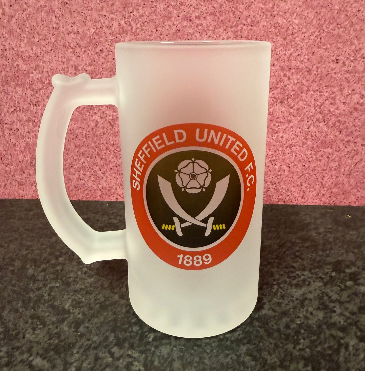 Sheffield United Frosted Glass Stein, 16oz Glass, 450ml, Cold Use, Perfect Gift, Personalised