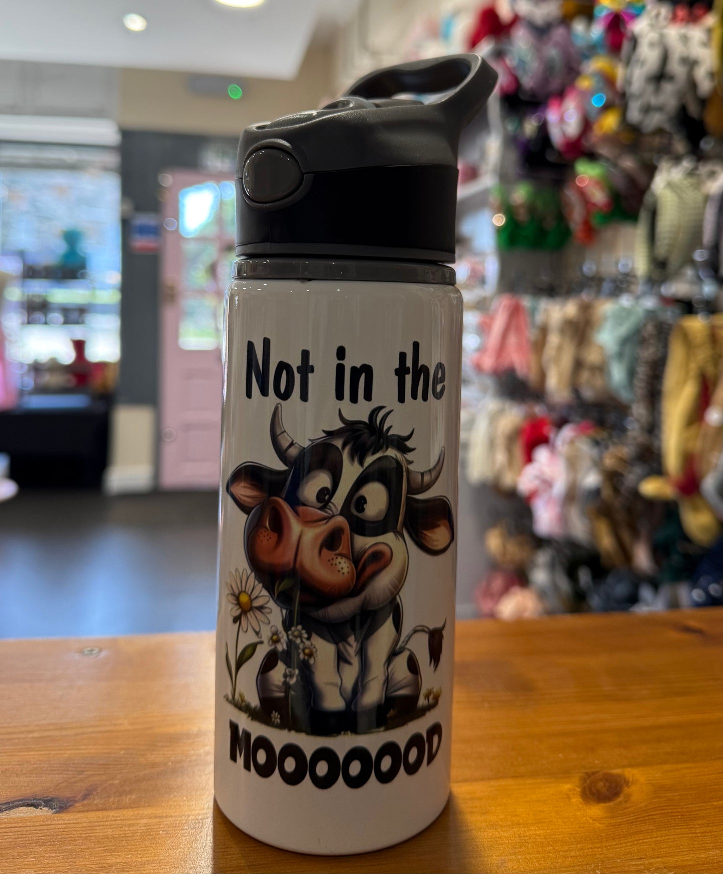 Not in the Mooood, Cow, Straw Lid, Flip Top, Water Bottle