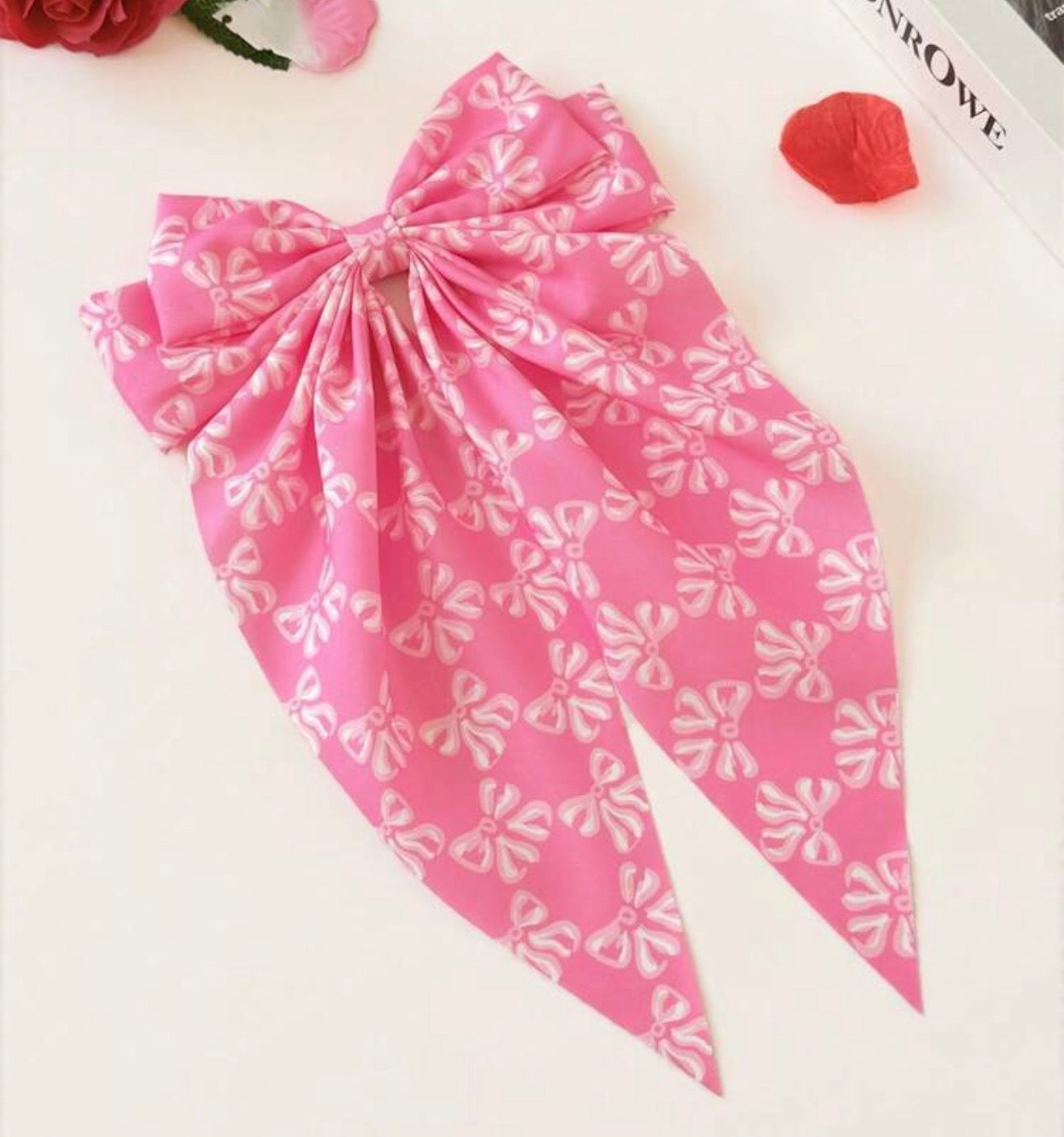 Large Pink Ribbon Print Bow, Hair, Bow, Barrette Clip