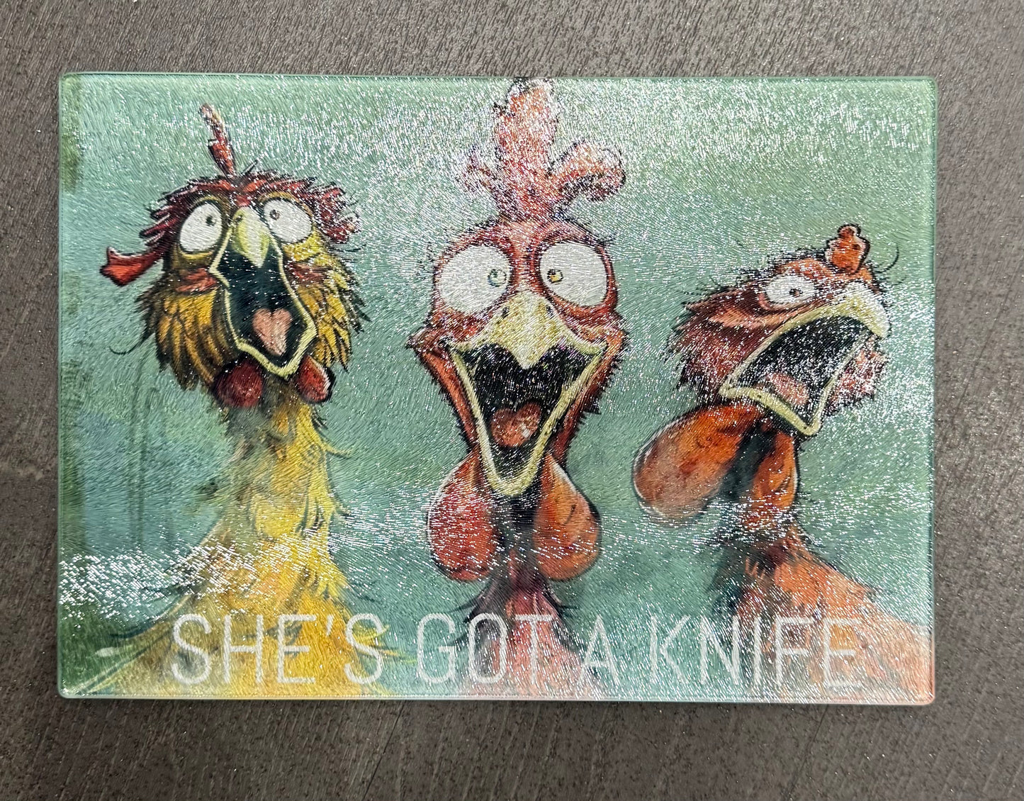 She’s got a knife, Funny, Chicken, Glass Chopping Board, Worktop Saver, Personalised