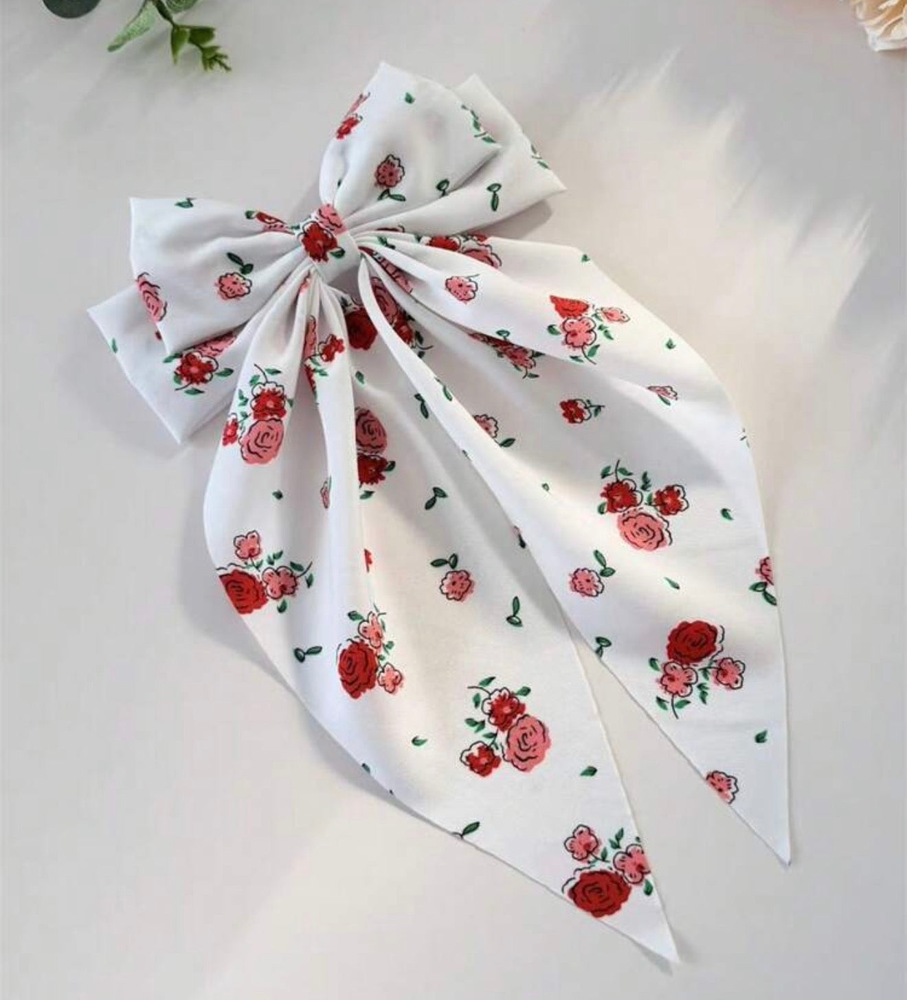 Large Rose Print White Bow, Hair, Bow, Barrette Clip