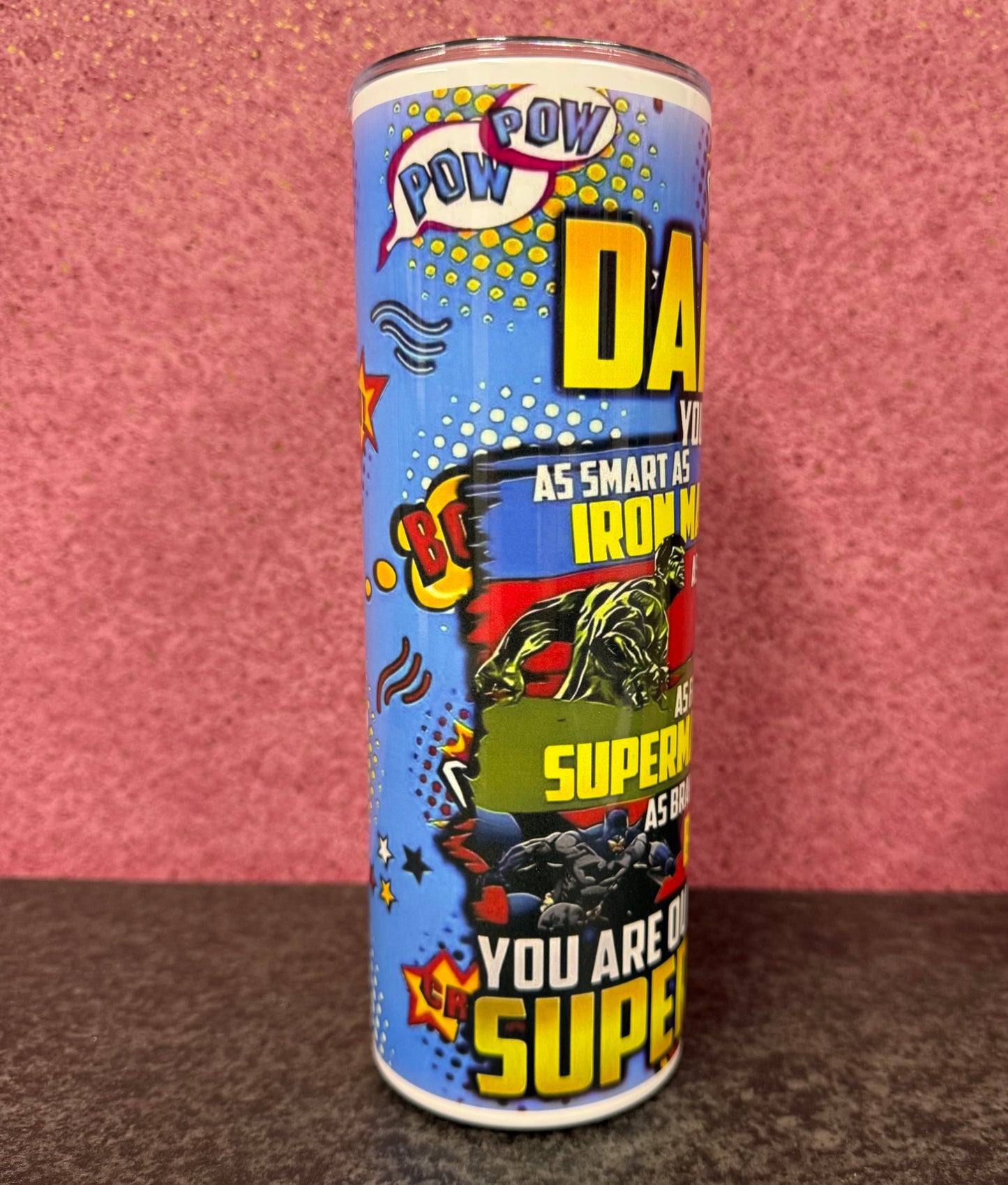 Daddy, Super Hero, 20oz Tumbler, Insulated, Stainless Steel, Hot & Cold use, Personalised
