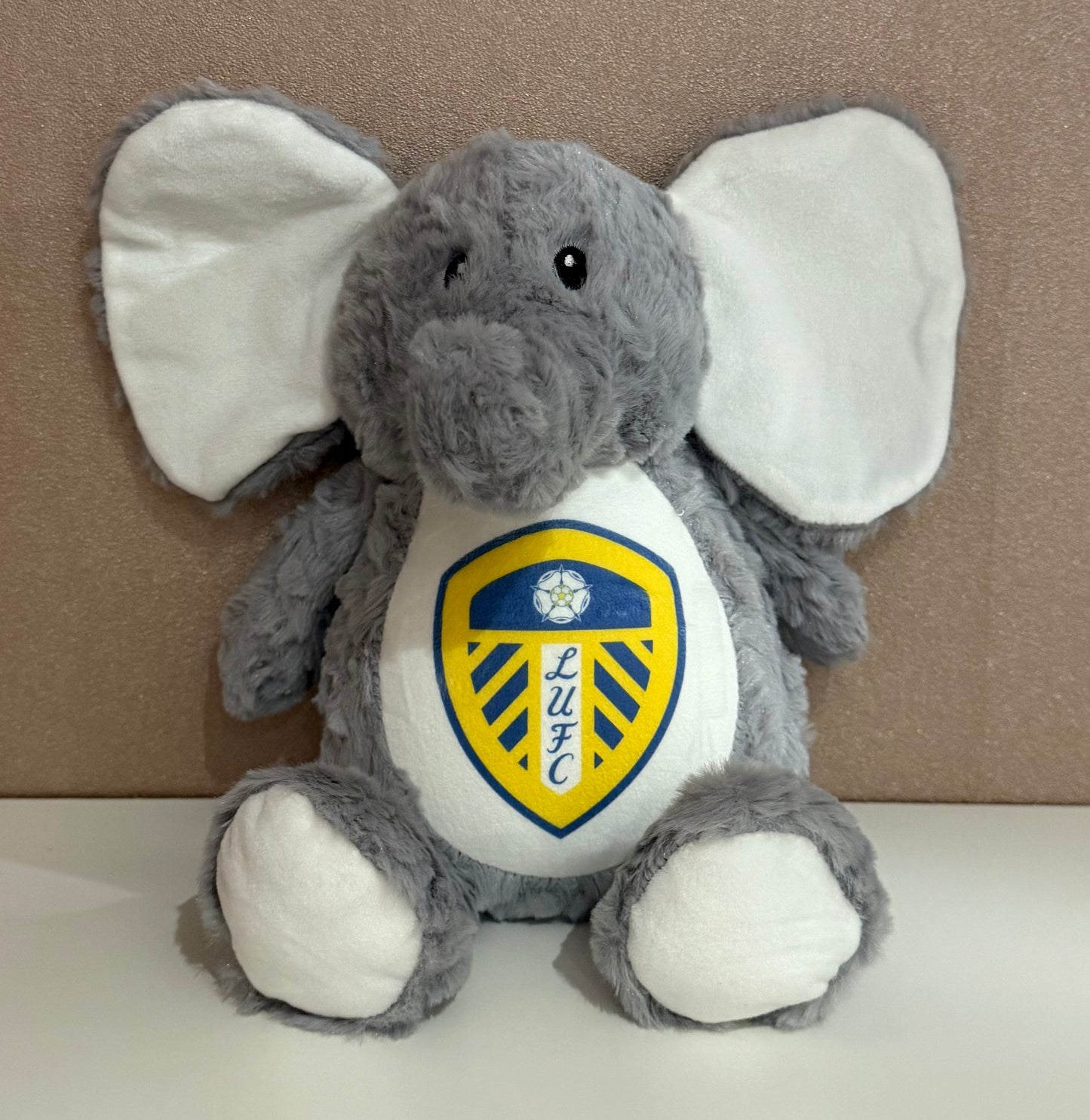 Small Grey Elephant, Leeds United, Personalised Soft Toy