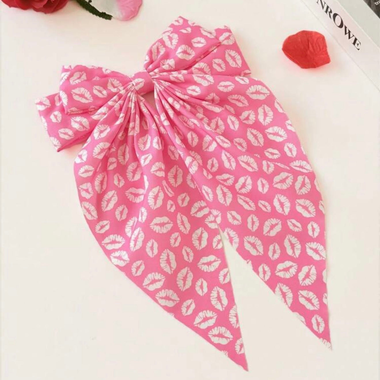Large Pink Lip Print Bow, Hair, Bow, Barrette Clip