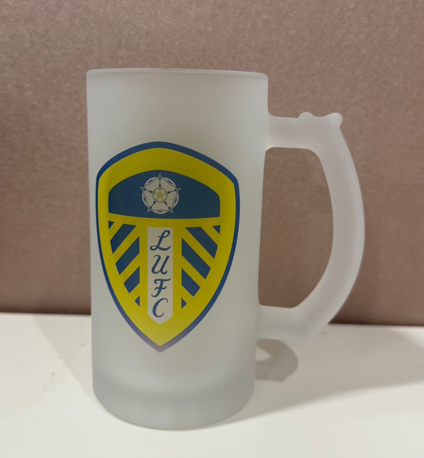 Leeds United Frosted Glass Stein, 16oz Glass, 450ml, Cold Use, Perfect Gift, Personalised
