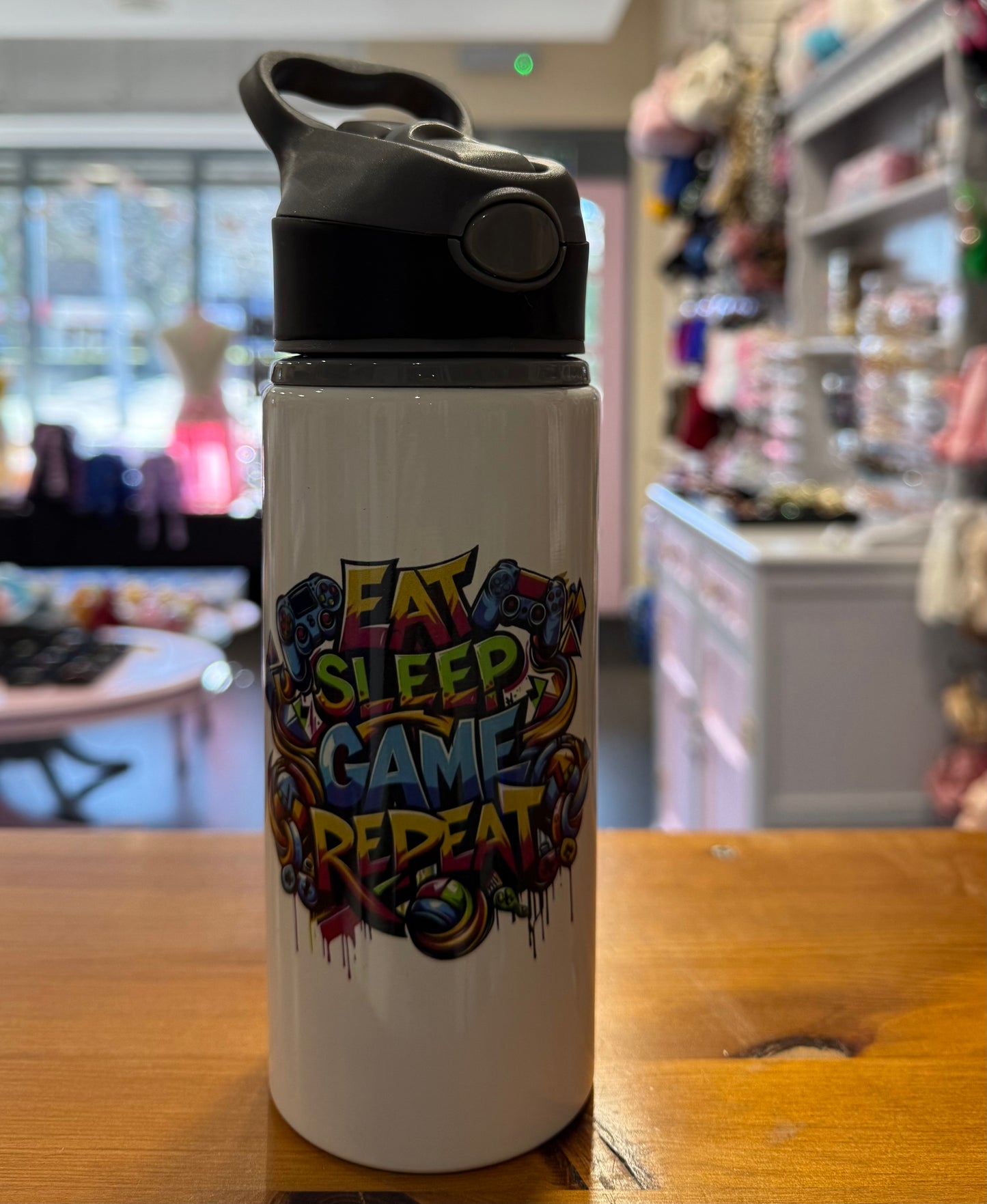 Eat, Sleep, Game, Repeat, Straw Lid, Flip Top, Water Bottle, Personalised