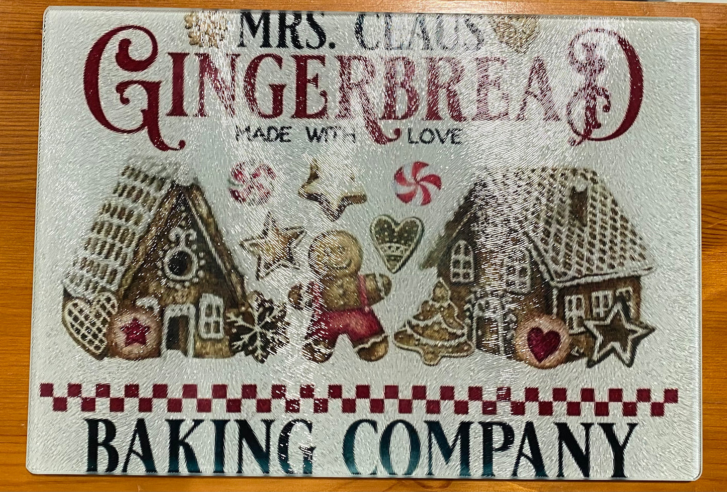 Christmas Glass Chopping Board, Mrs Claus, Worktop Saver, Gingerbread