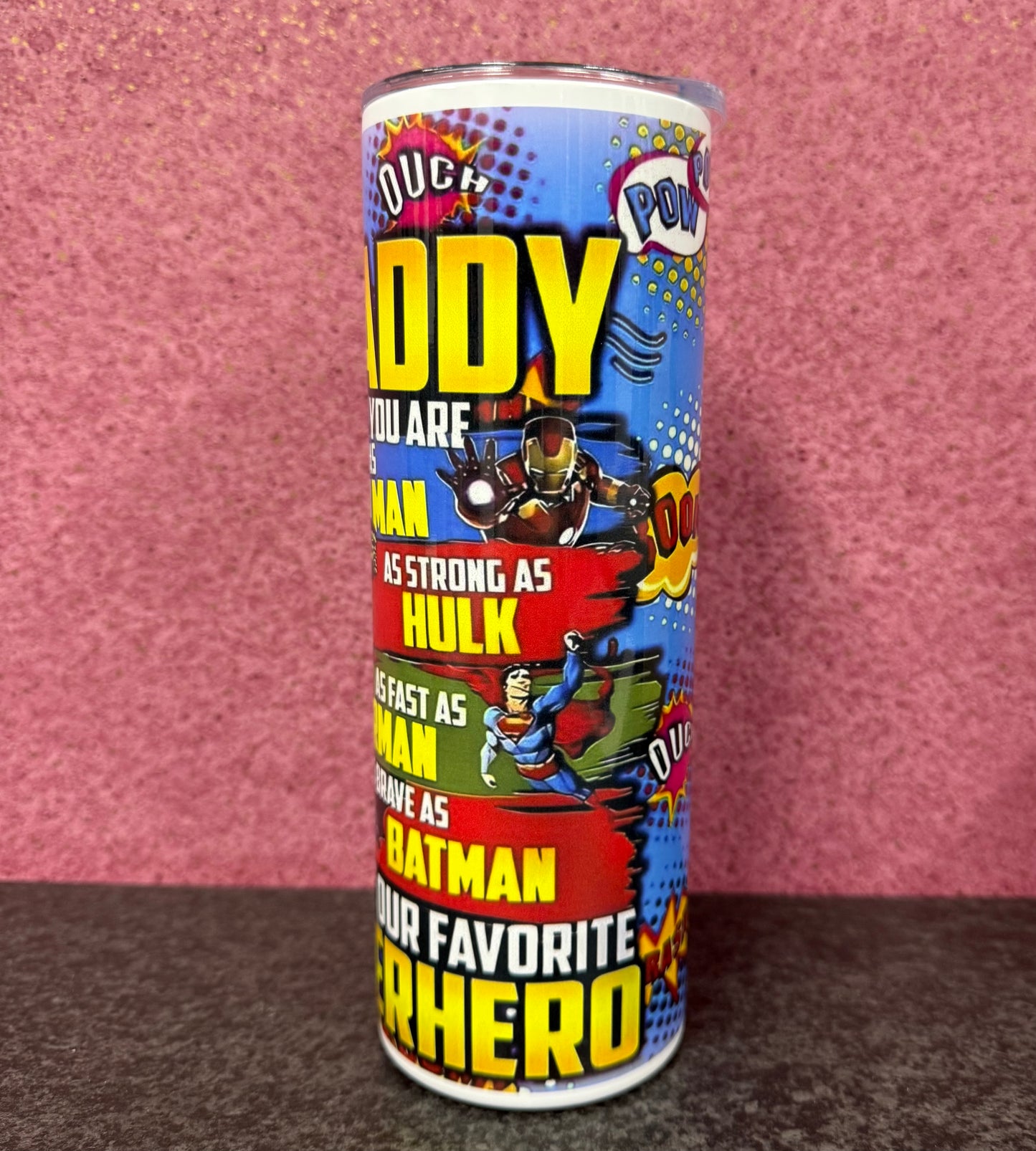 Daddy, Super Hero, 20oz Tumbler, Insulated, Stainless Steel, Hot & Cold use, Personalised