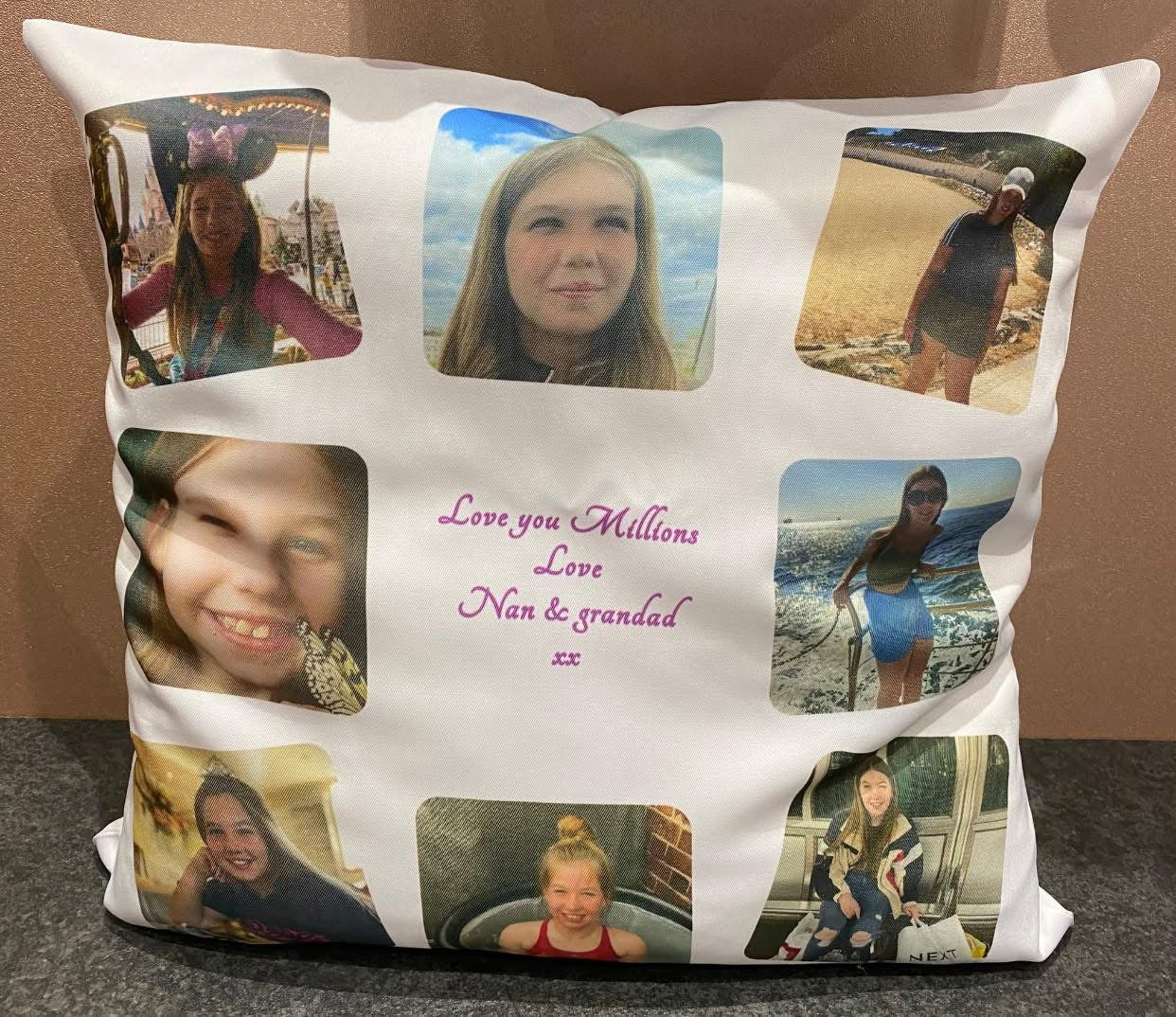 Photo Personalised Message Cushion, 8 Photos, Birthday, Gift