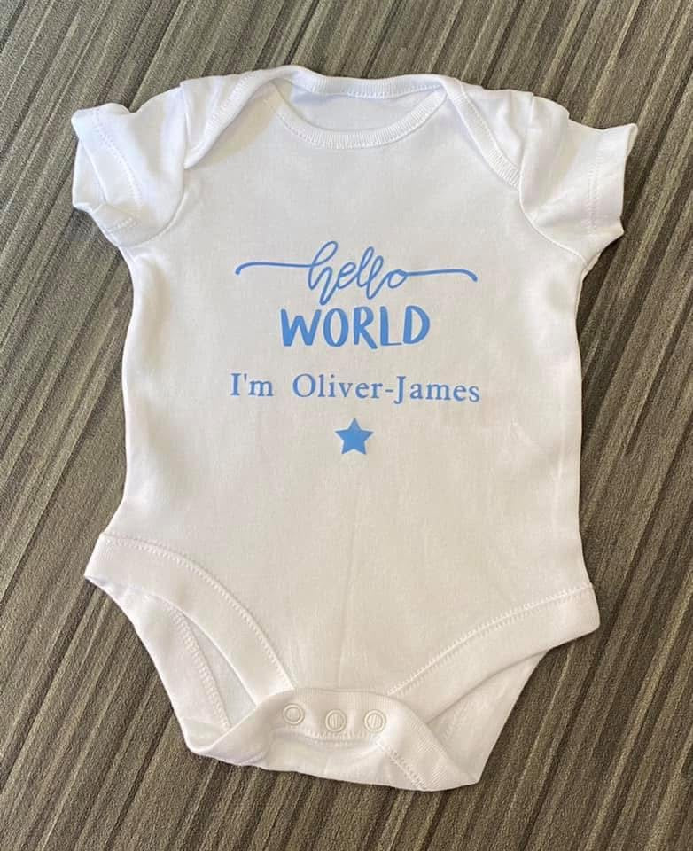 Hello World, Baby Personalised Vest Ages 0-12 months, White