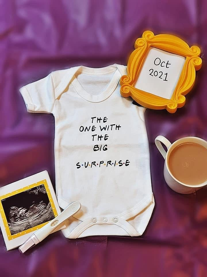 The One with the Big Suprise, Baby Personalised Vest Ages 0-12 months, White