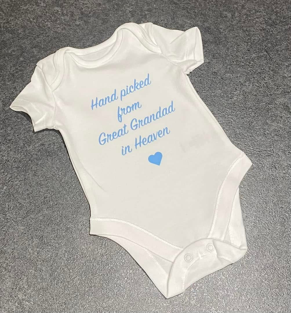 Hand Picked by My Great Grandad in Heaven, Baby Personalised Vest Ages 0-12 months, White