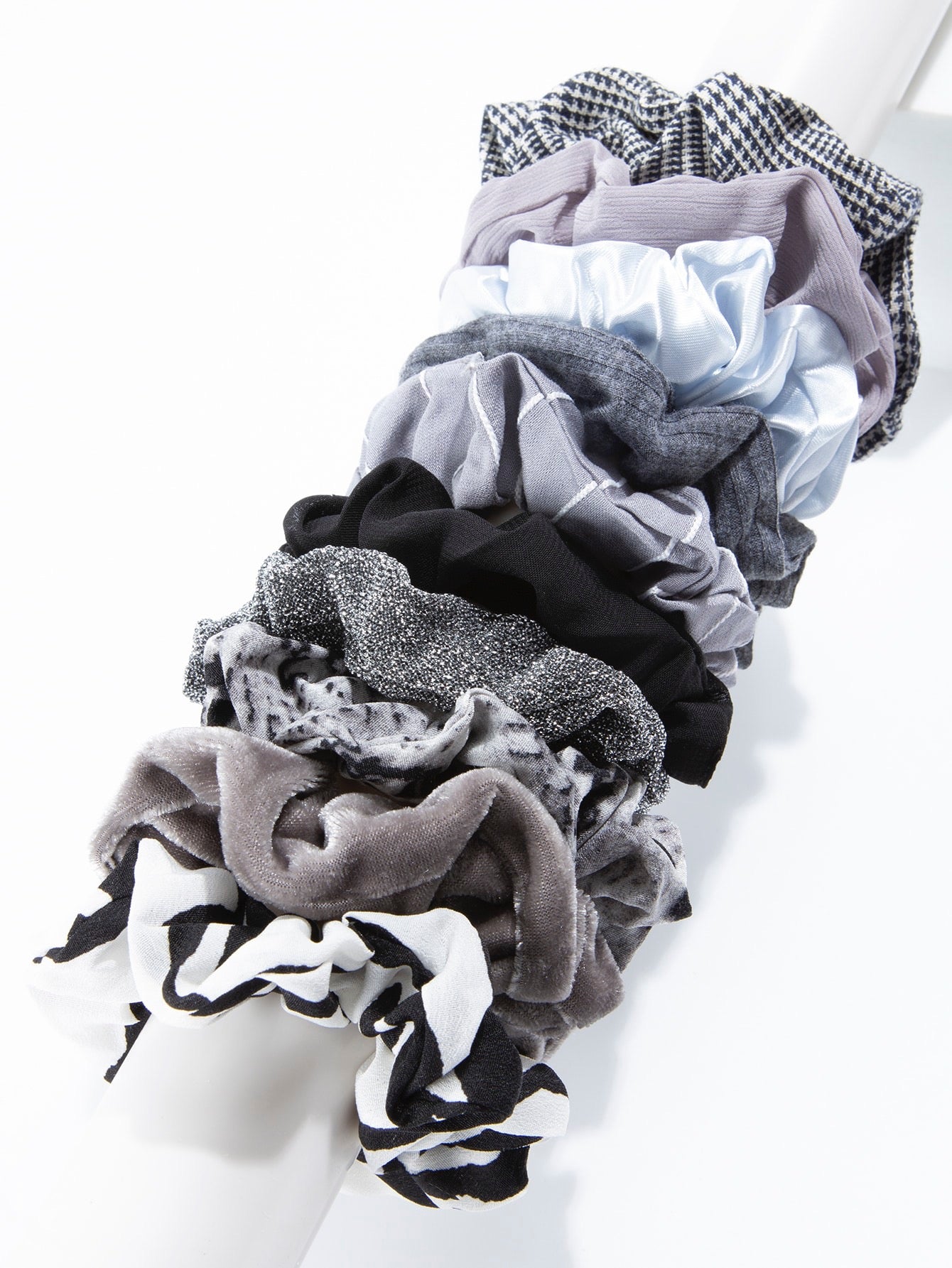 10 Pack of Scrunchies, Grey/Black, Velvet Scrunchie, Satin Scrunchie