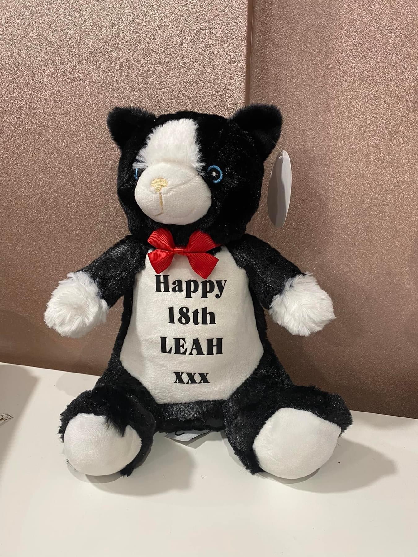 Black & White Cat, Mini Mumbles Bear, Print Me Bear, Personalised Soft Toy