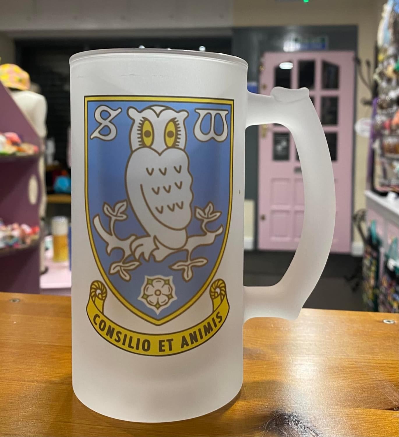 Sheffield Wednesday Frosted Glass Stein, 16oz Glass, 450ml, Cold Use, Perfect Gift, Personalised