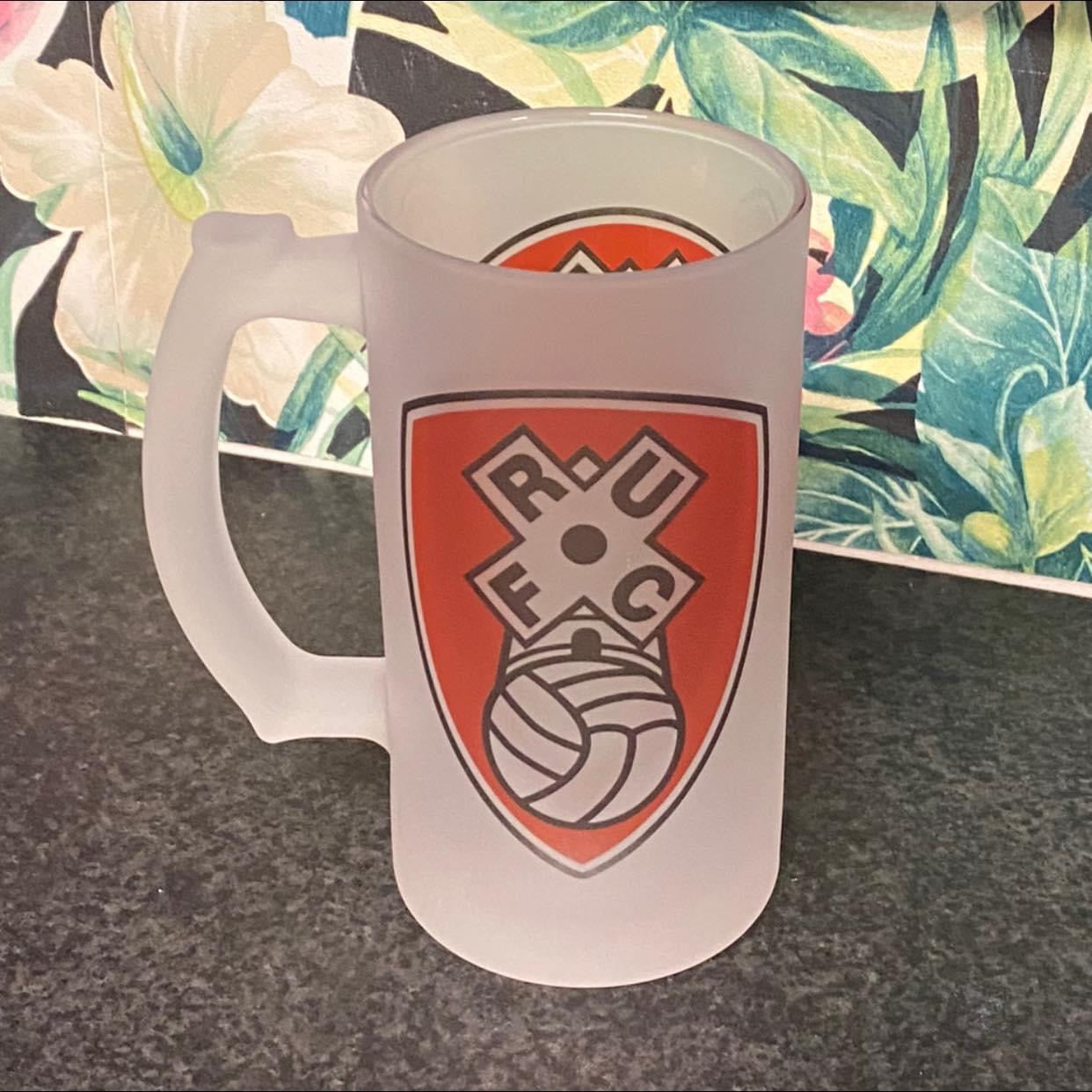 Rotherham United Frosted Glass Stein, 16oz Glass, 450ml, Cold Use, Perfect Gift, Personalised