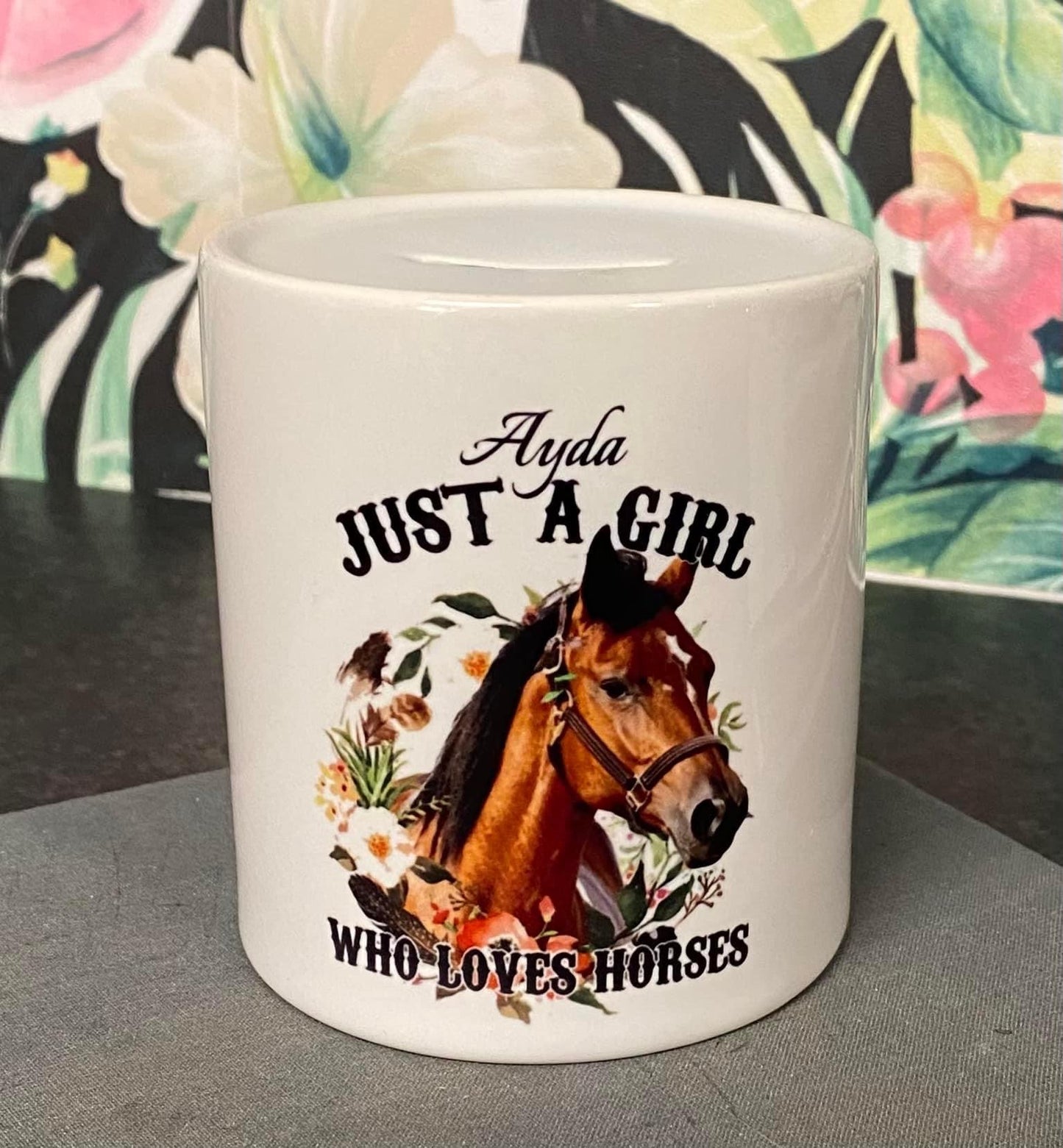 Just a Girl who Loves Horses, Money Box, Piggy Bank, Savings, Ceramic Money Box, Personalisation