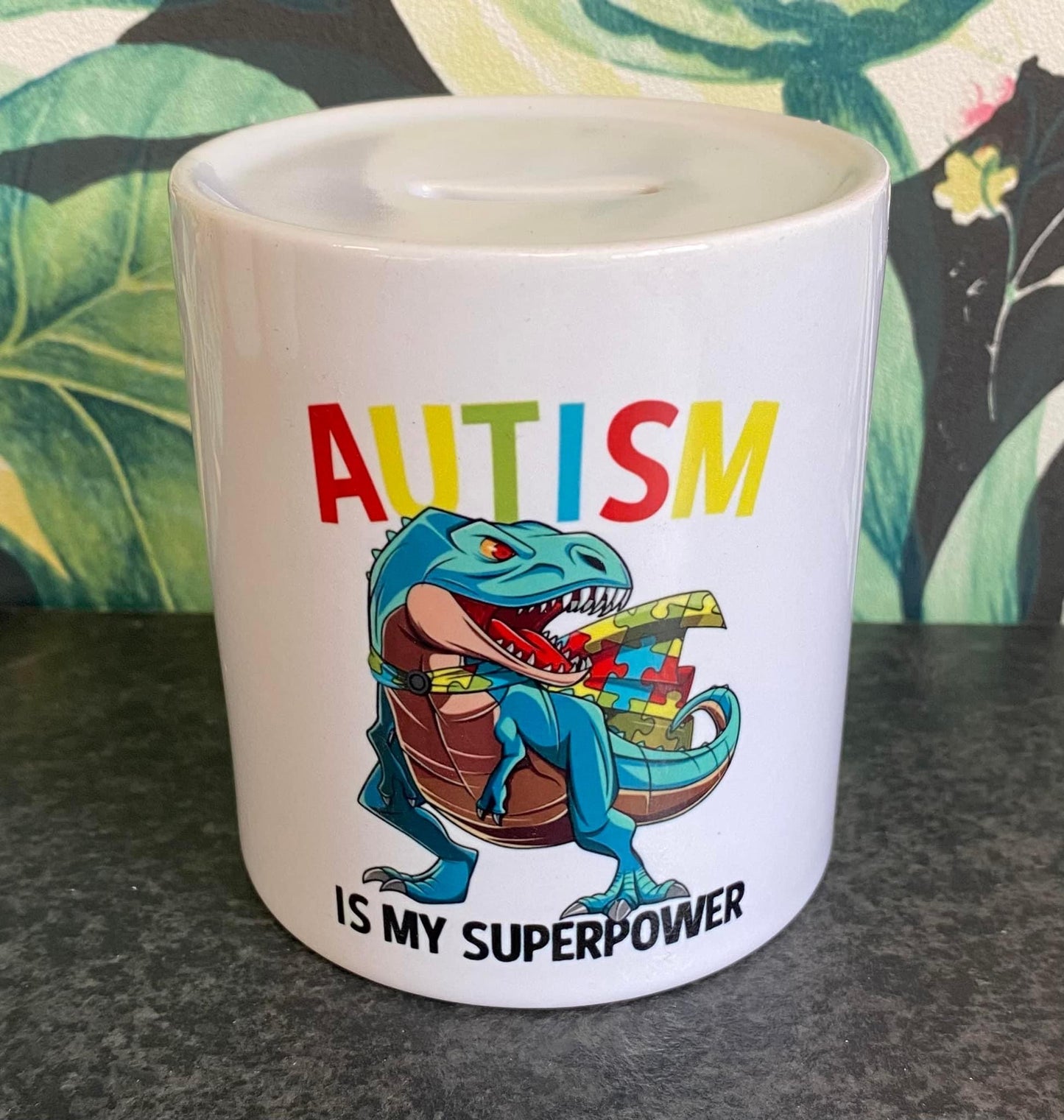 Autism Dinosaur Money Box, Piggy Bank, Savings, Ceramic Money Box, Personalisation